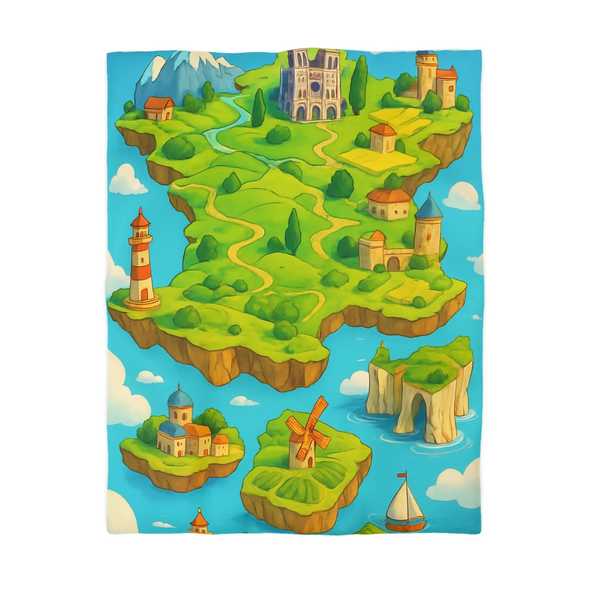 Housse de Couette Fantaisie Île Flottante Paysage Coloré Mer Moulins et Phare