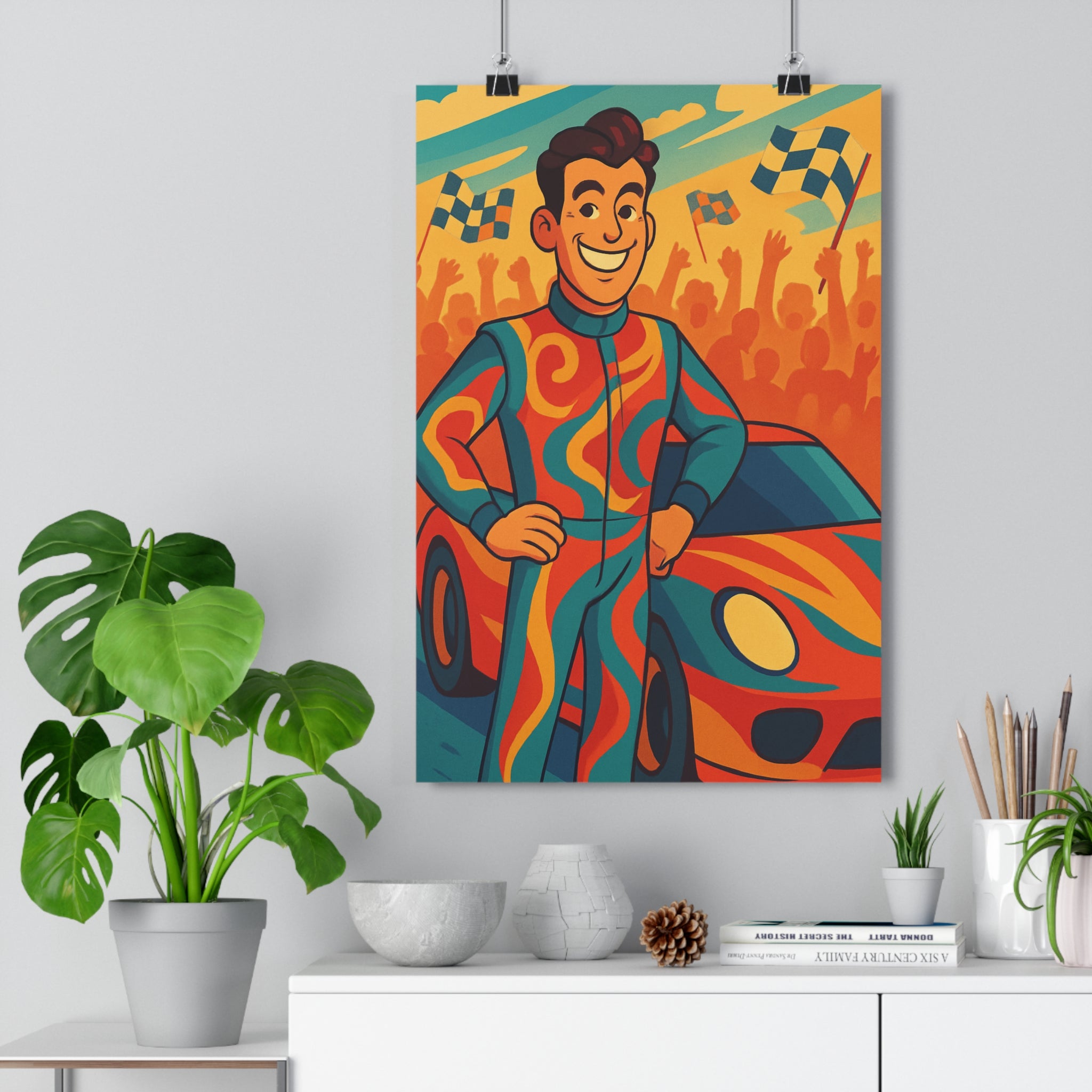 Poster décoratif cartoon voiture sport course orange bleu chambre enfant dynamique joyeux énergie ambiance
