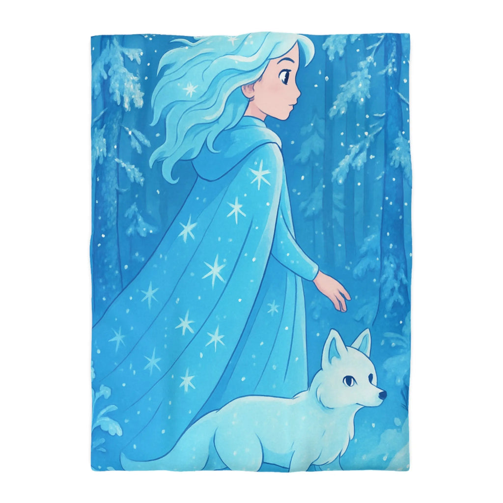 Housse de couette avec jeune fille et renard dans forêt hivernale magique
