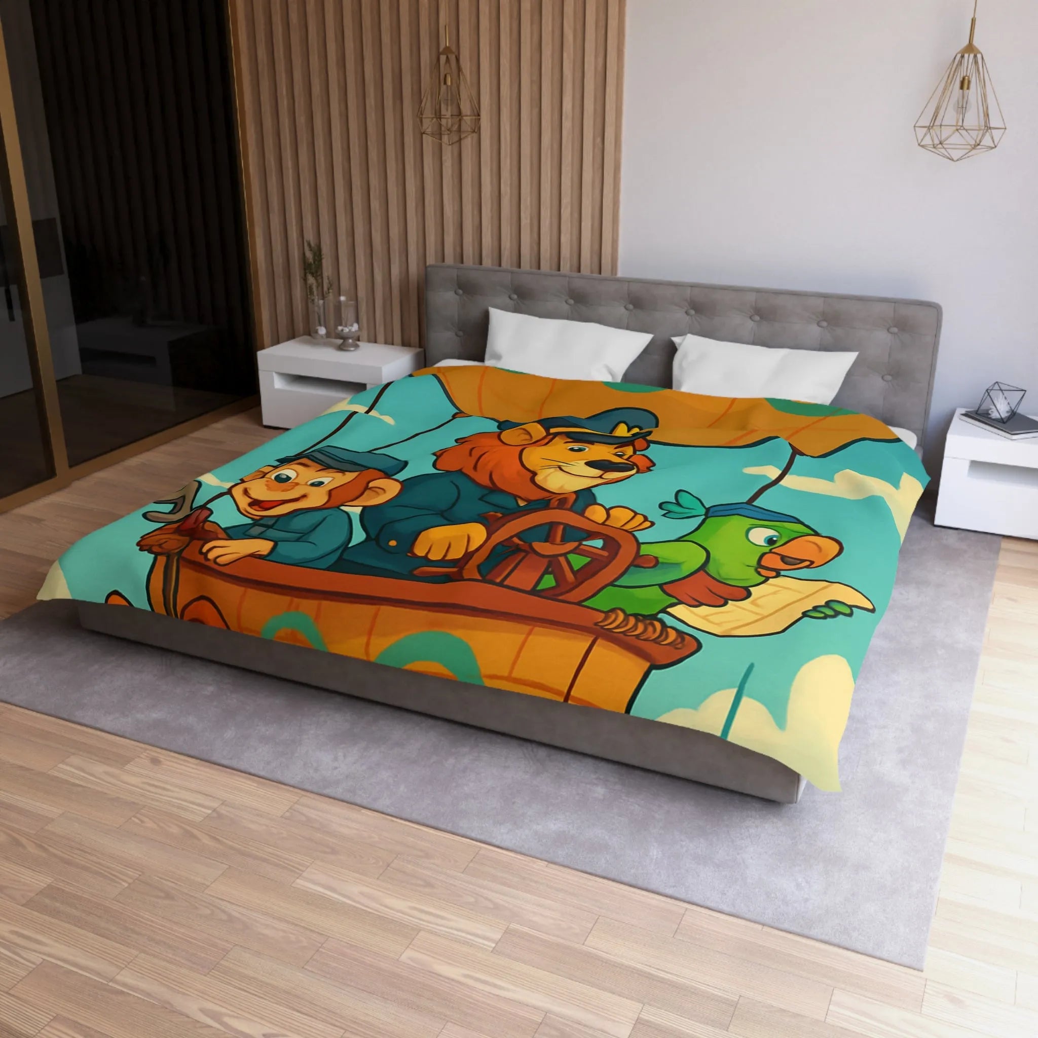Housse de couette enfant avec montgolfière lion, singe, perroquet colorée et joyeuse