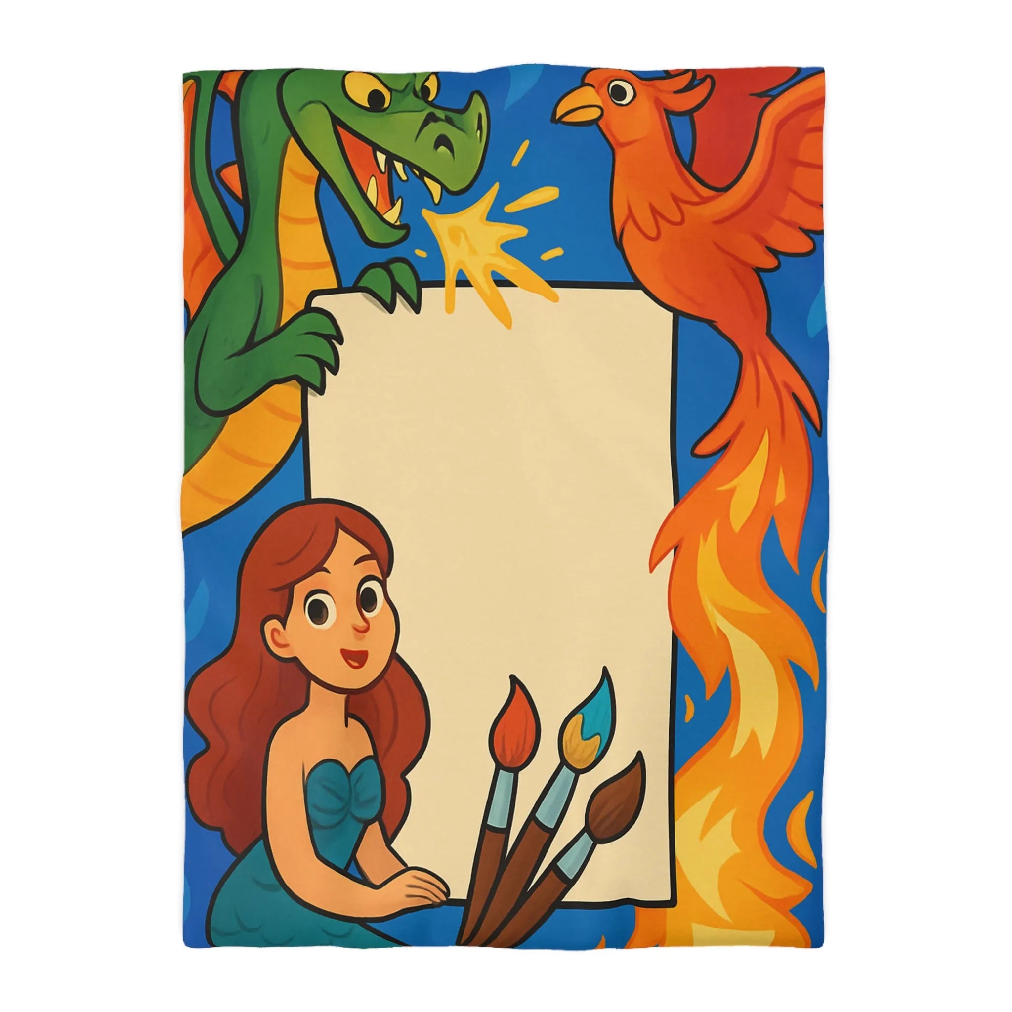 Housse de couette avec dragon, sirène et phénix pour chambre d'enfant artistique