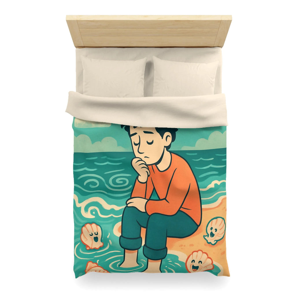 Housse de couette avec illustration rêveuse garçon pensif et coquillages joyeux sur plage