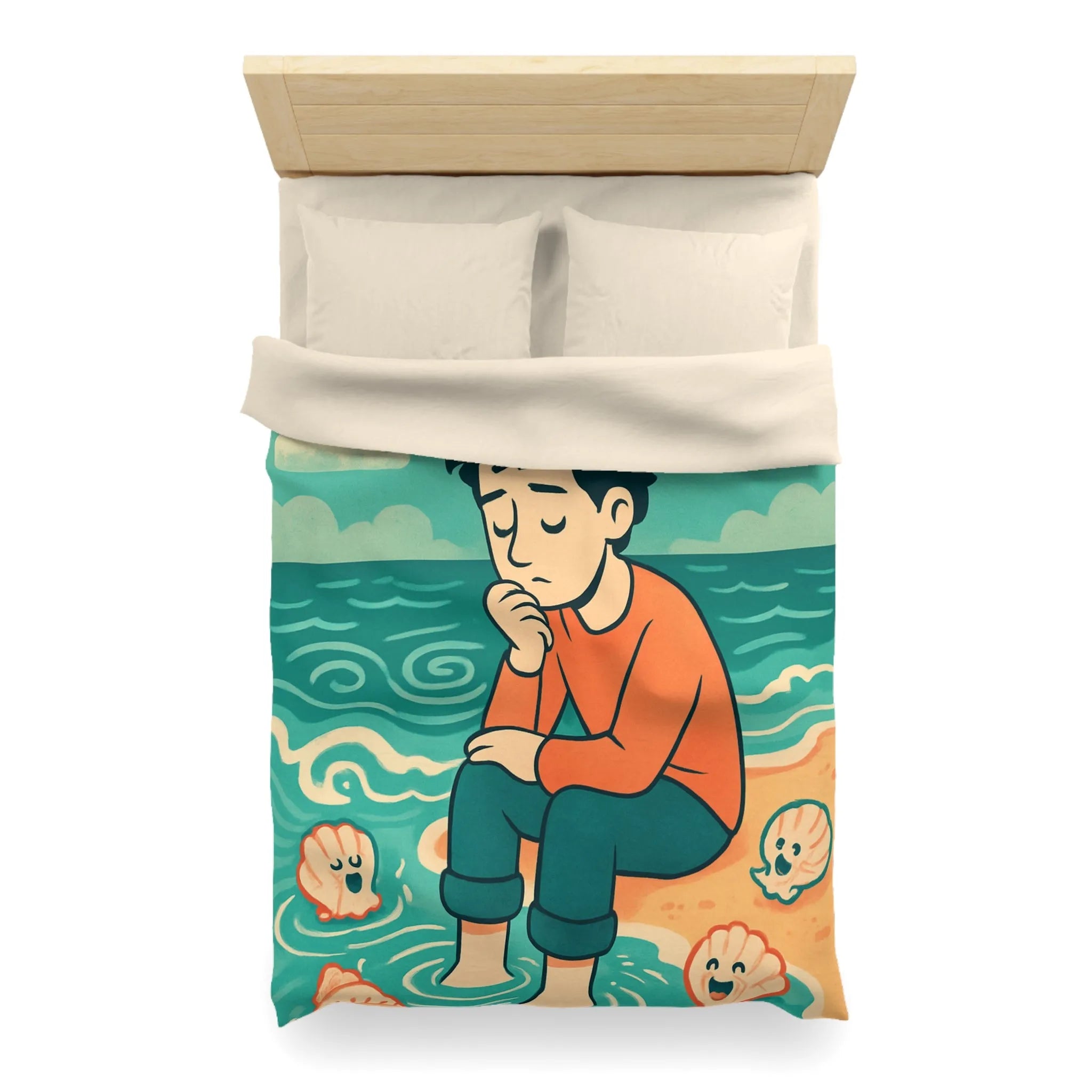 Housse de couette avec illustration rêveuse garçon pensif et coquillages joyeux sur plage