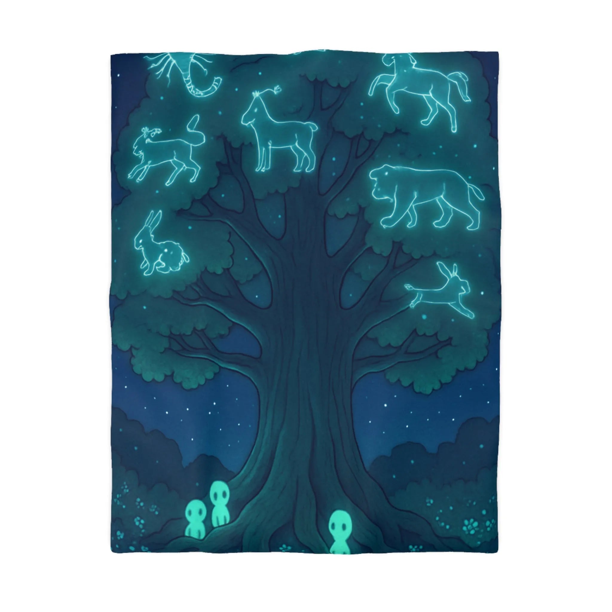 Housse de couette étoilée avec animaux lumineux sous un grand arbre mystique