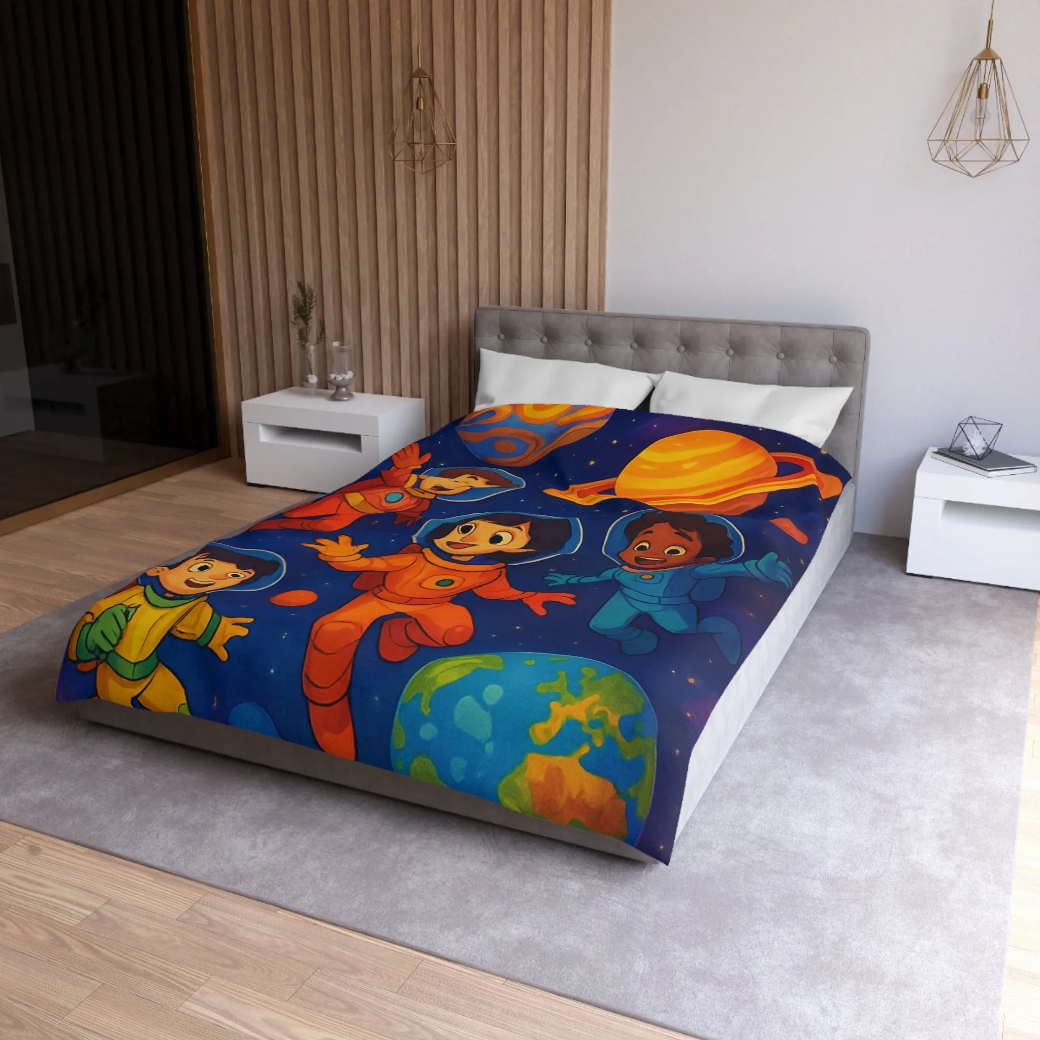 Housse de couette enfants avec astronautes joyeux flottant dans l'espace coloré et planètes