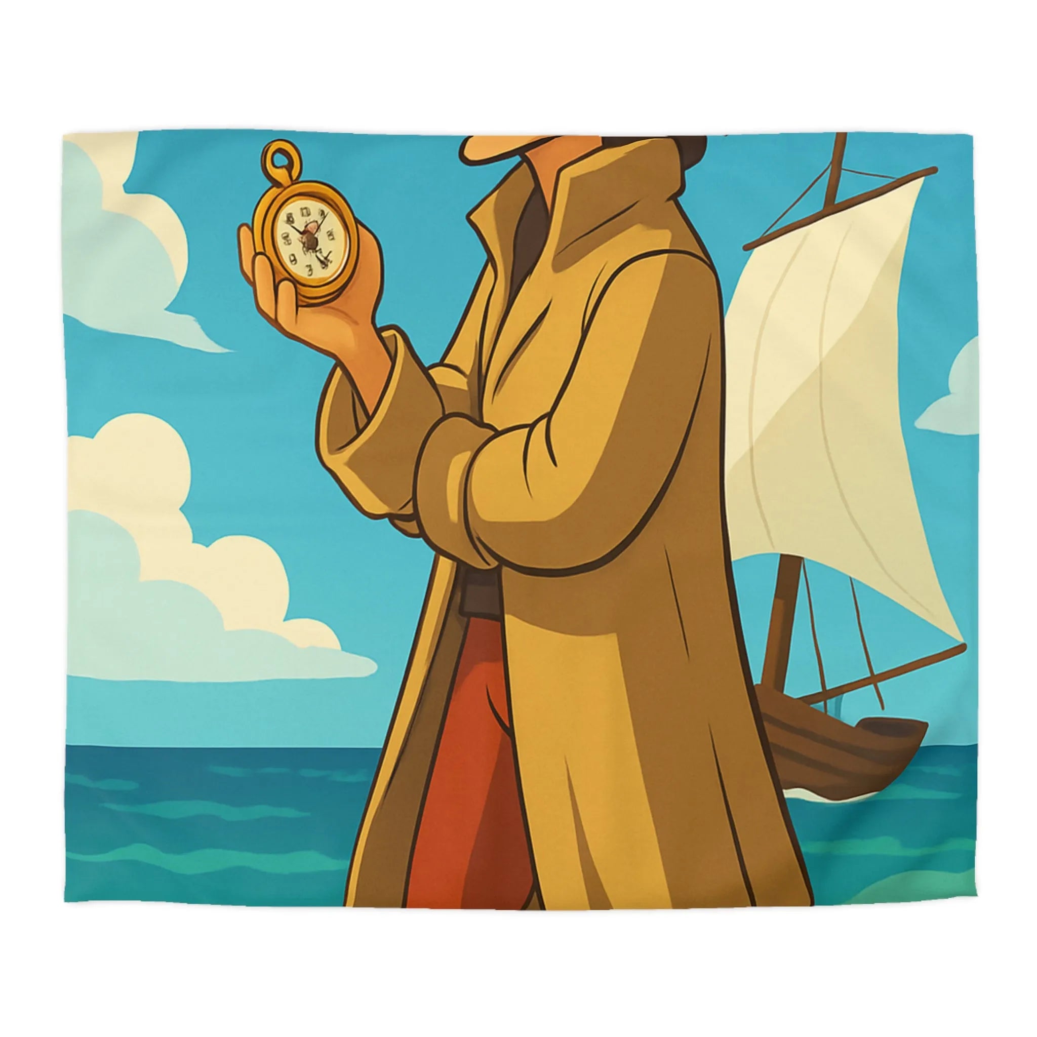 Housse de couette avec illustration de marin vintage et montres de poche sur plage