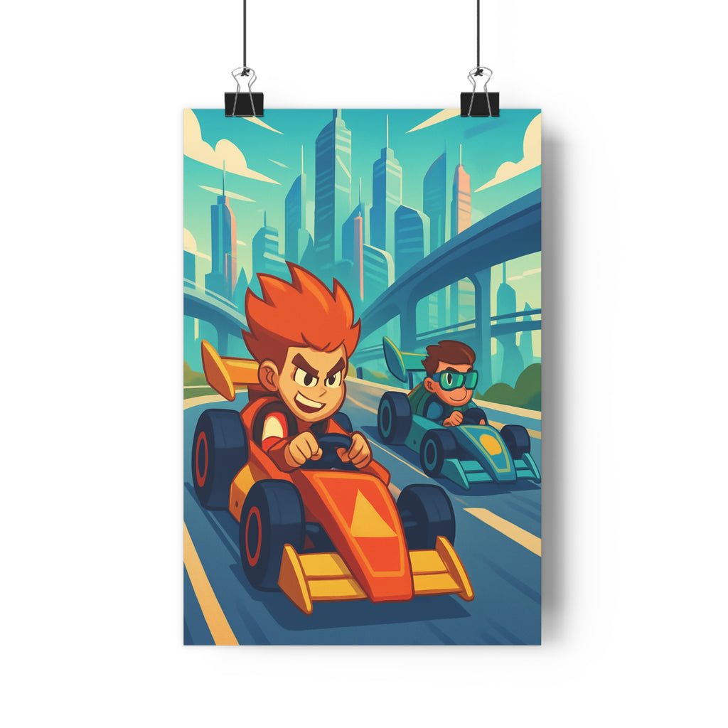 Poster décoratif futuriste anime orange bleu jaune salon moderne course aventure voiture dynamique élégant