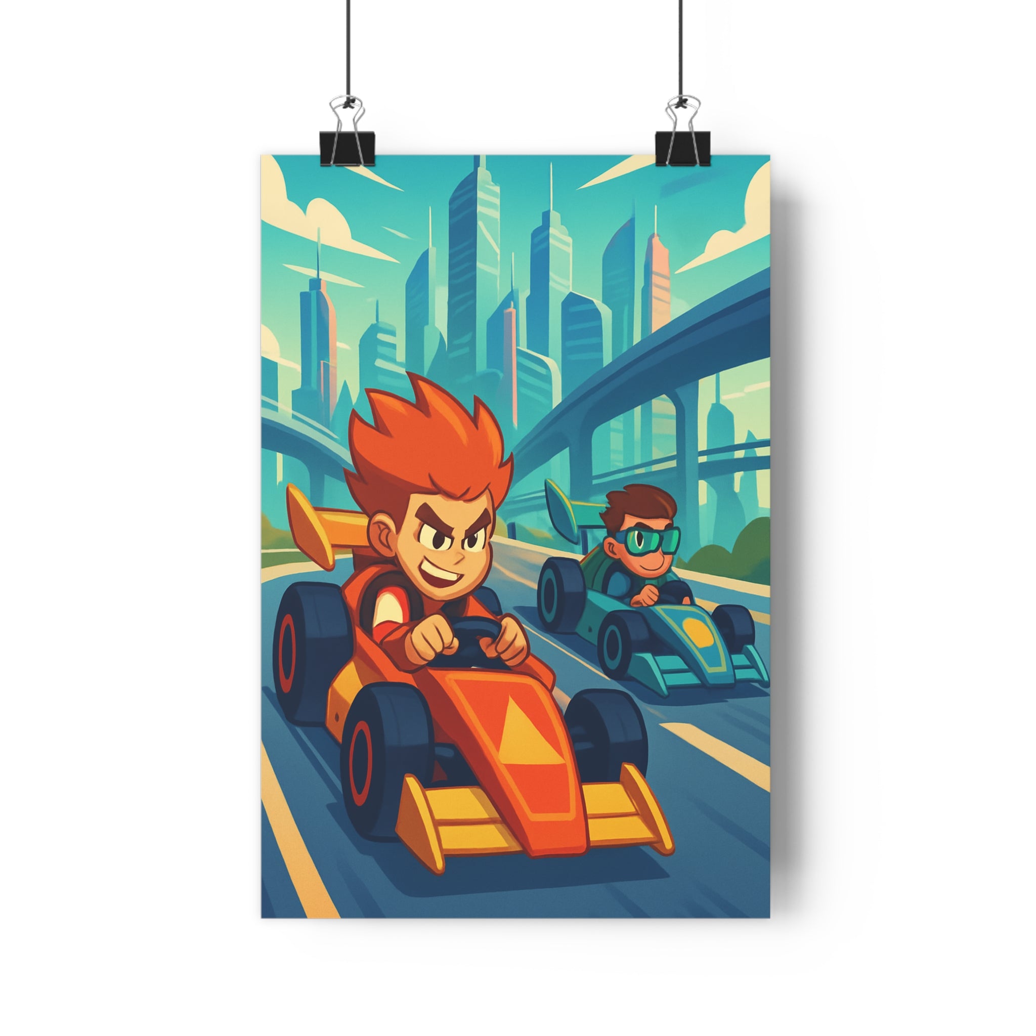 Poster décoratif futuriste anime orange bleu jaune salon moderne course aventure voiture dynamique élégant