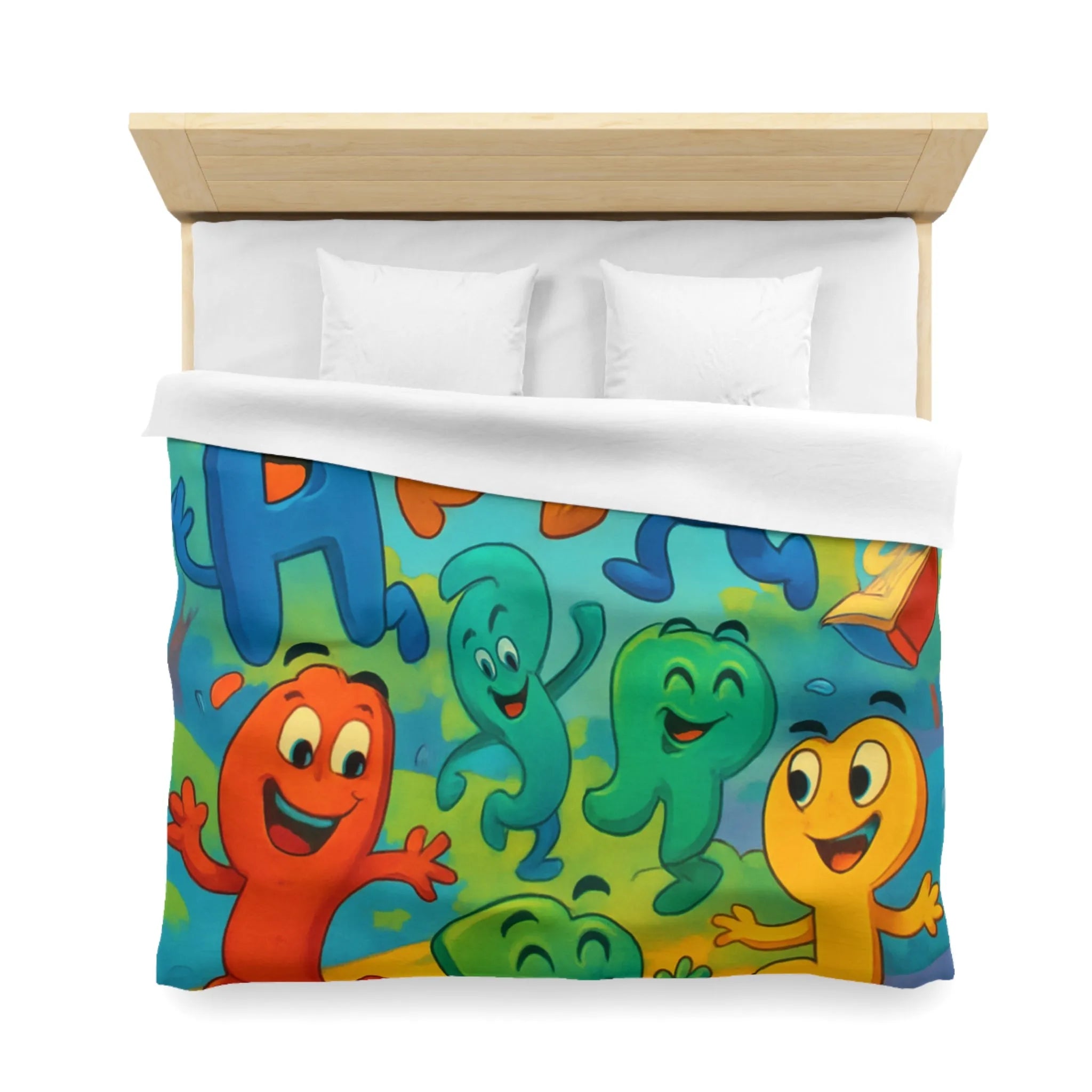 Housse de couette colorée avec lettres animées dans un paysage ludique et éducatif