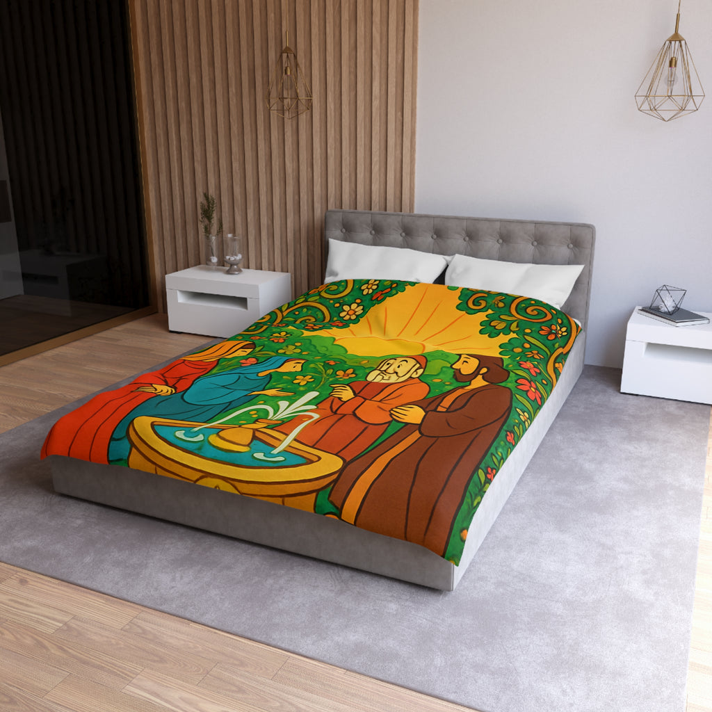 Housse de couette vibrante avec scène florale colorée et figures en discussion harmonieuse