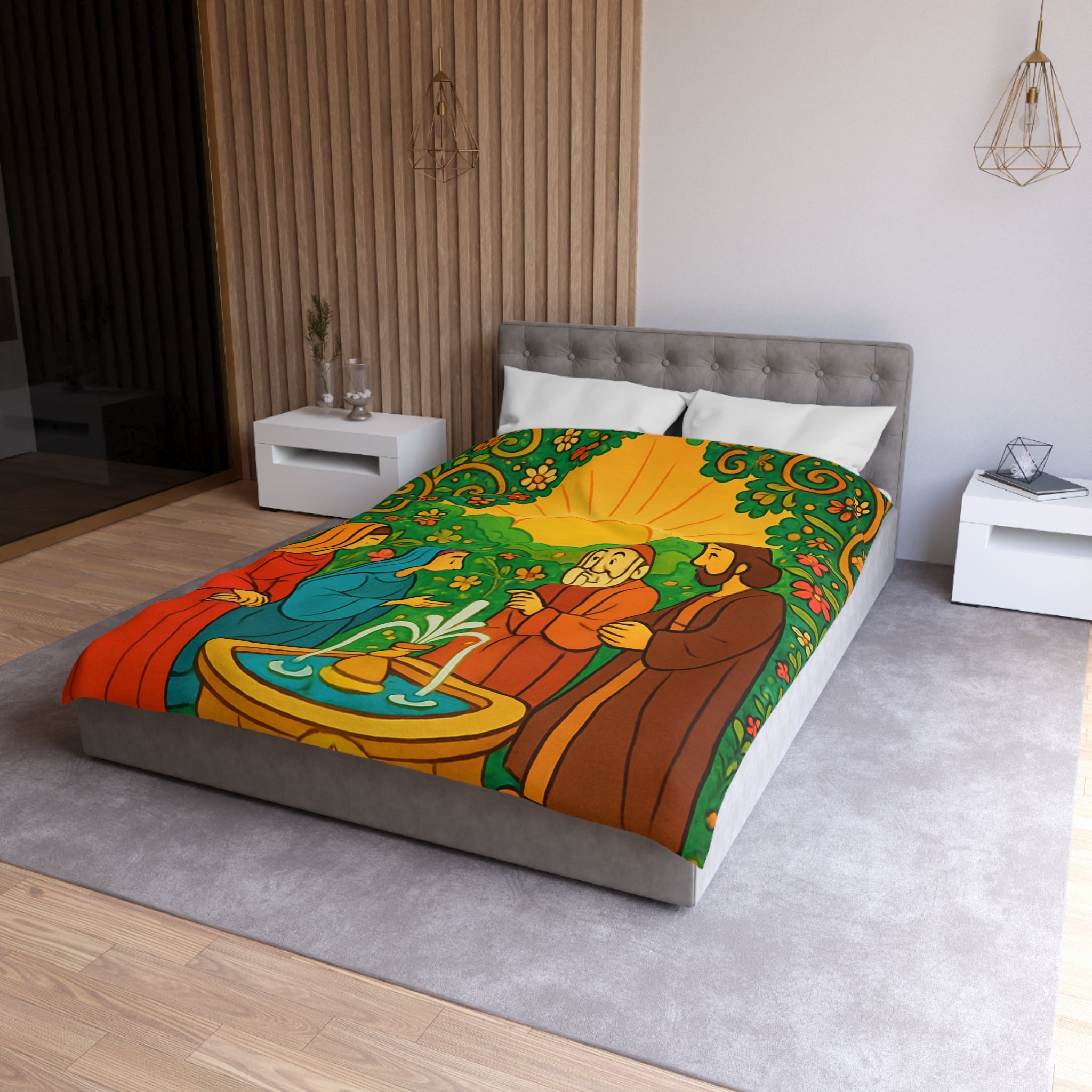 Housse de couette vibrante avec scène florale colorée et figures en discussion harmonieuse