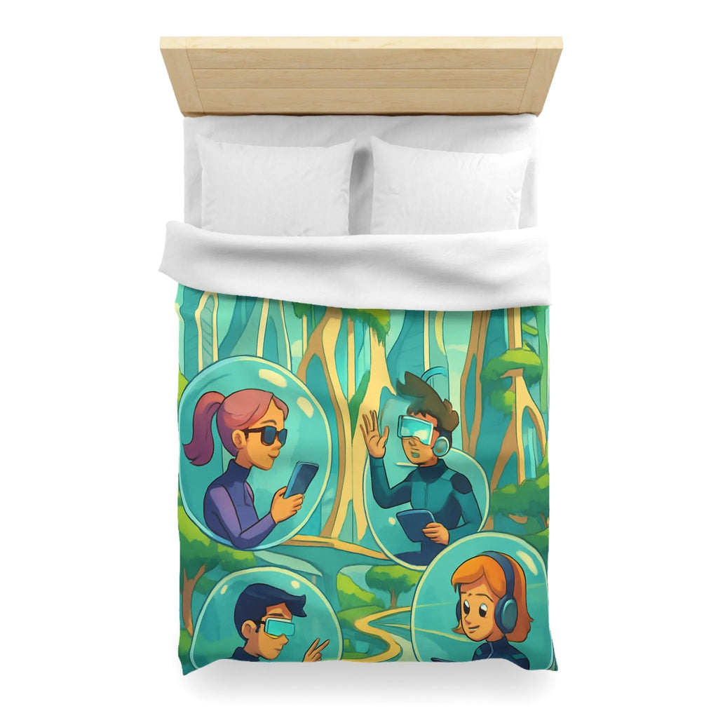 Housse de couette futuriste avec paysage urbain et personnages connectés en réalité augmentée