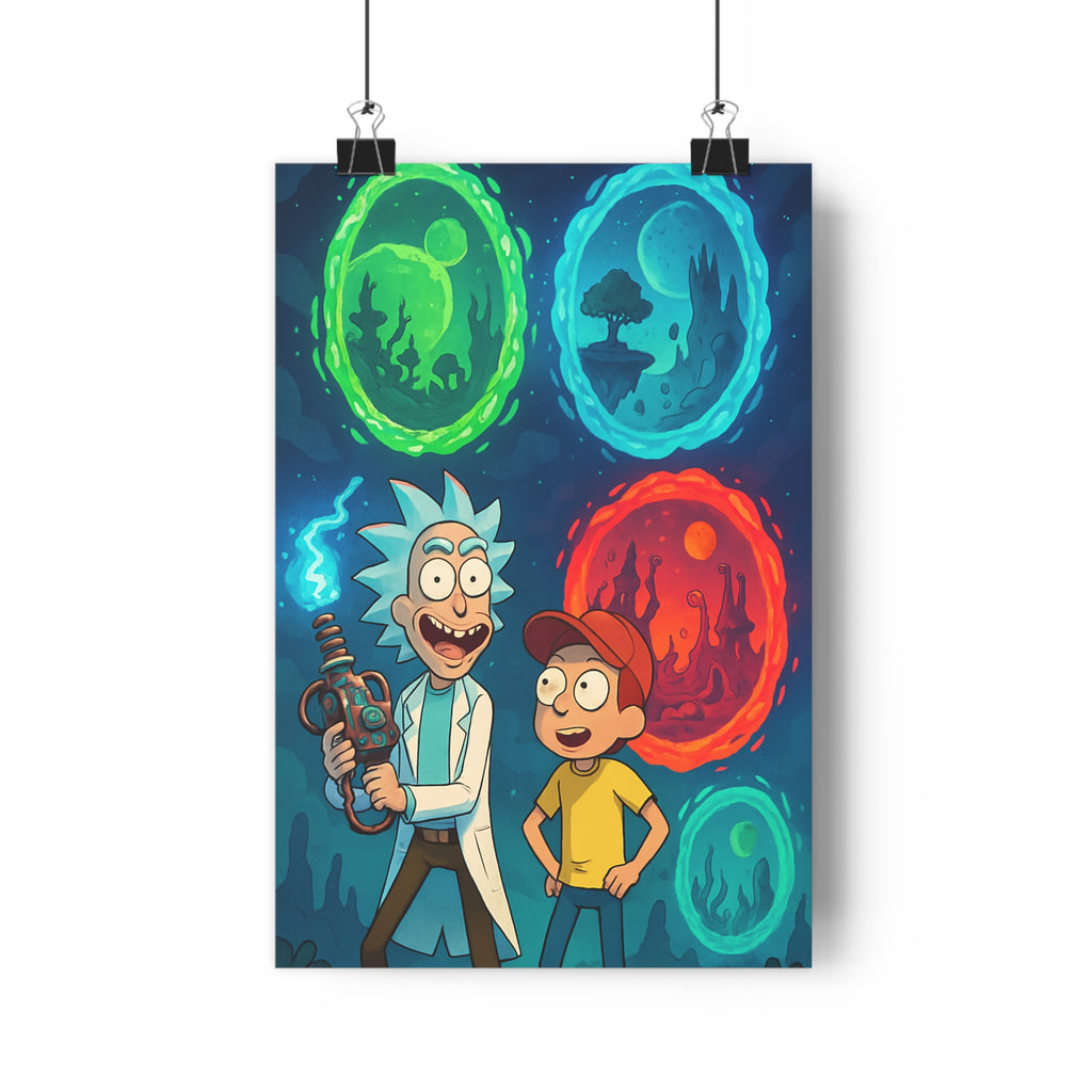 Poster décoratif coloré aventure mystique scientifique jeune garçon portails flottants vert rouge turquoise chambre