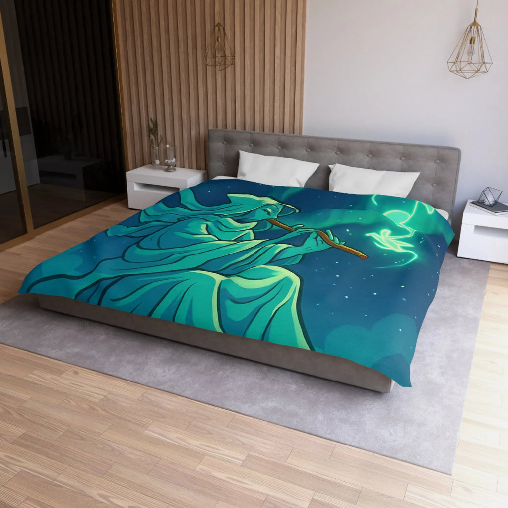 Housse de couette magique avec joueur de flûte créant des formes lumineuses célestes