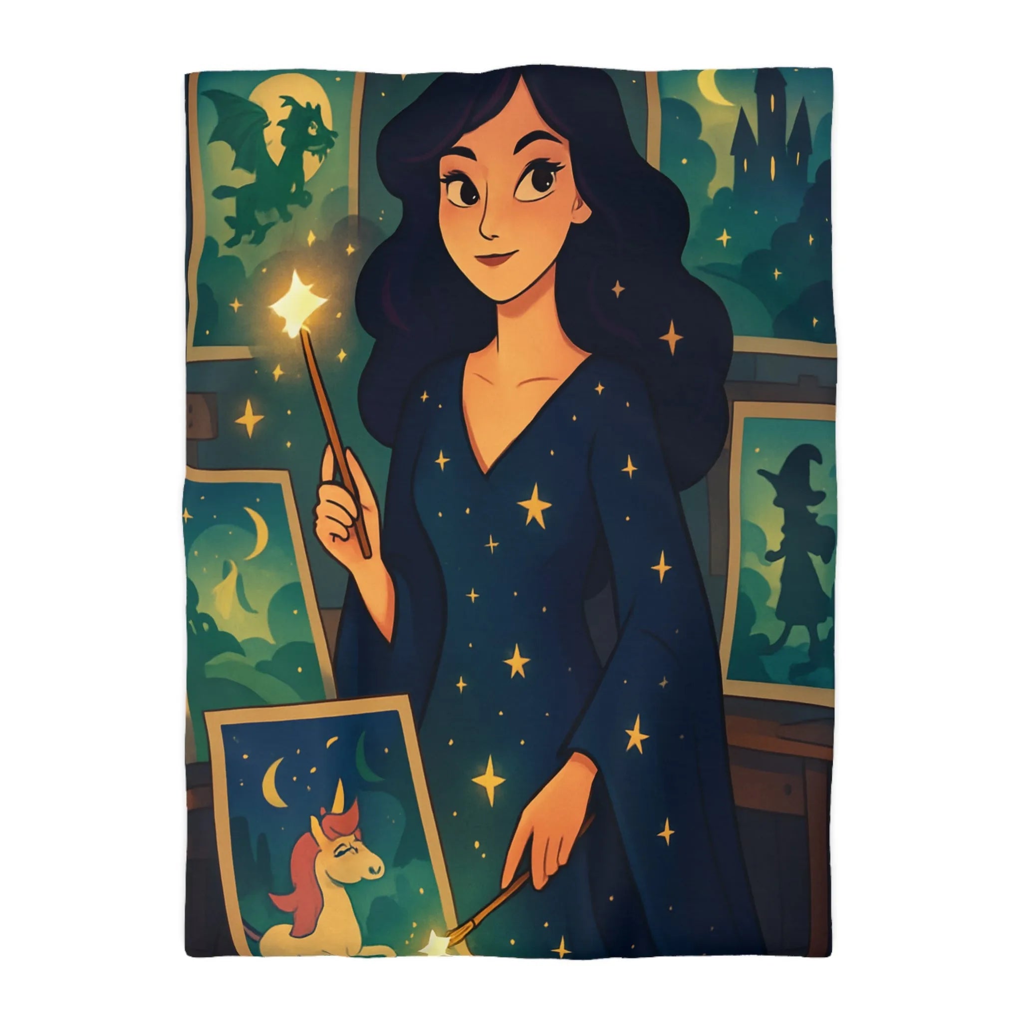 Housse de couette magique avec motif étoilé et créatures fantastiques pour chambre féérique