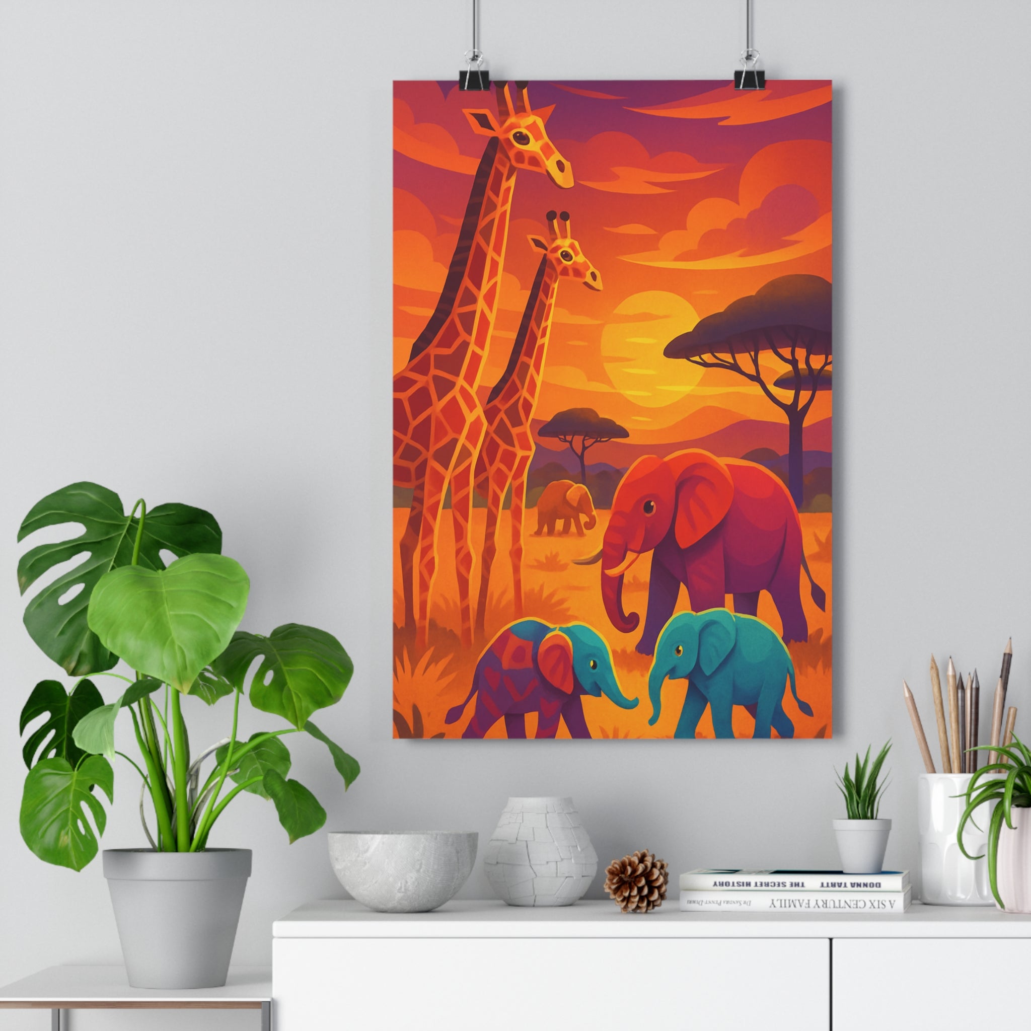 Poster décoratif savane sauvage girafes éléphants cartoon chaleureux dynamique enfants chambre coucher vibrant qualité