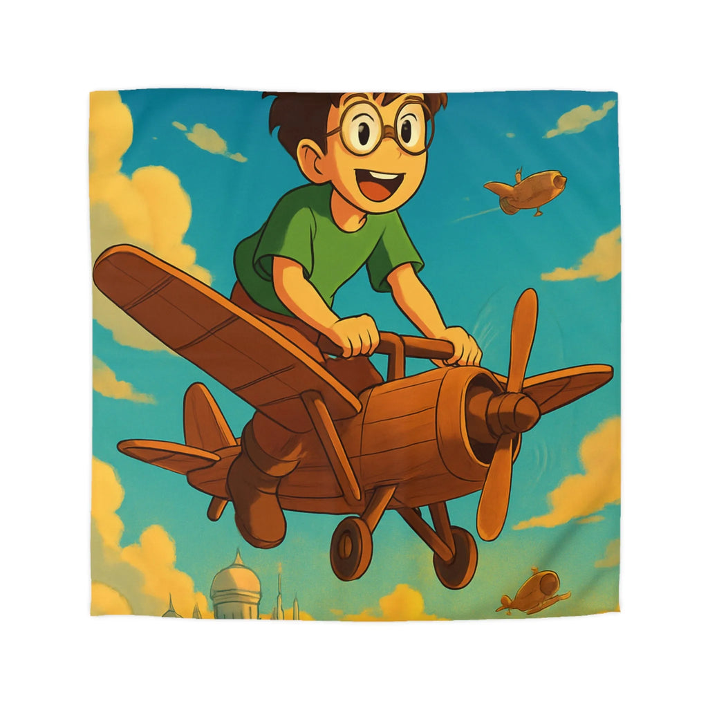 Aventure enfantine avec avion en bois survolant palais nuageux au coucher du soleil