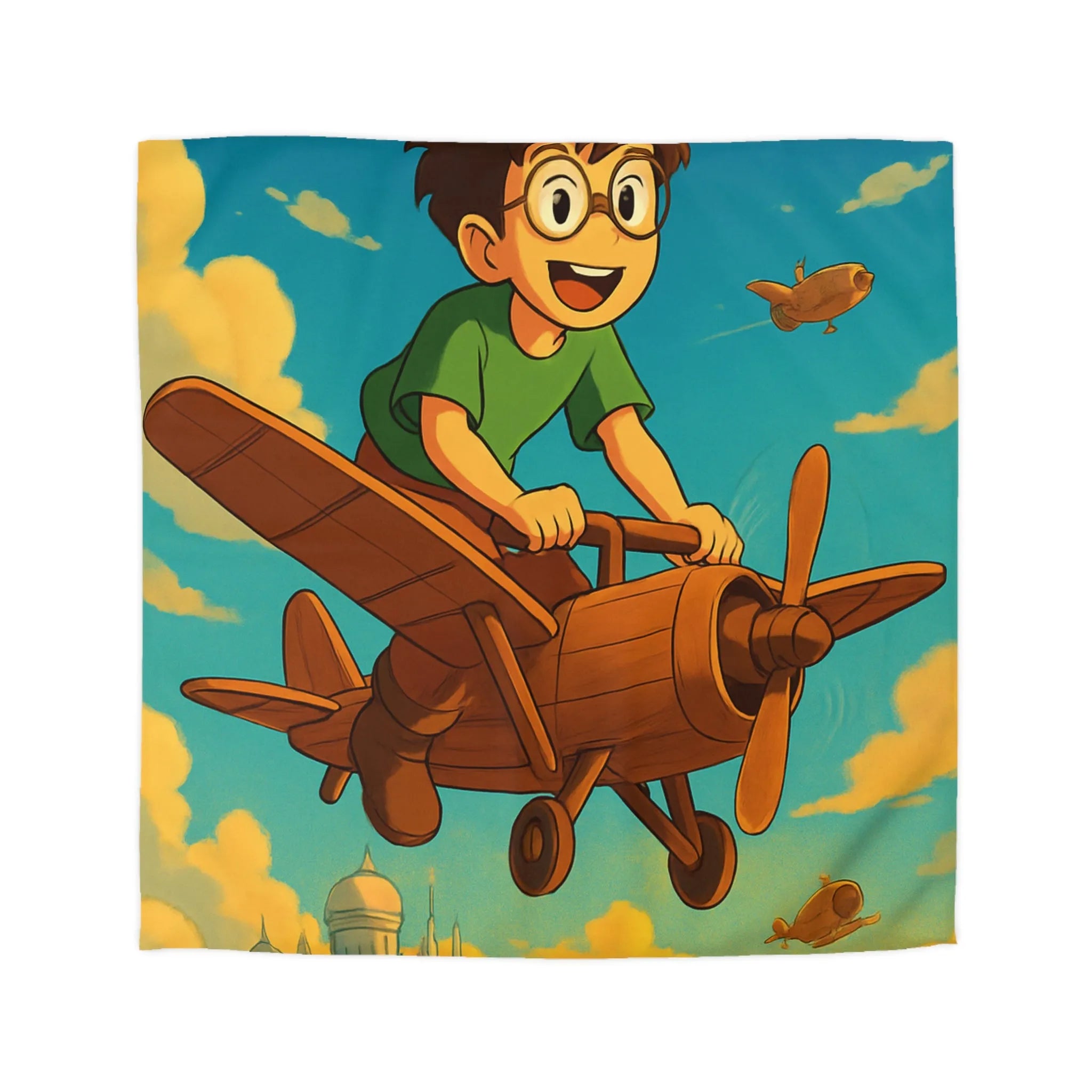 Aventure enfantine avec avion en bois survolant palais nuageux au coucher du soleil