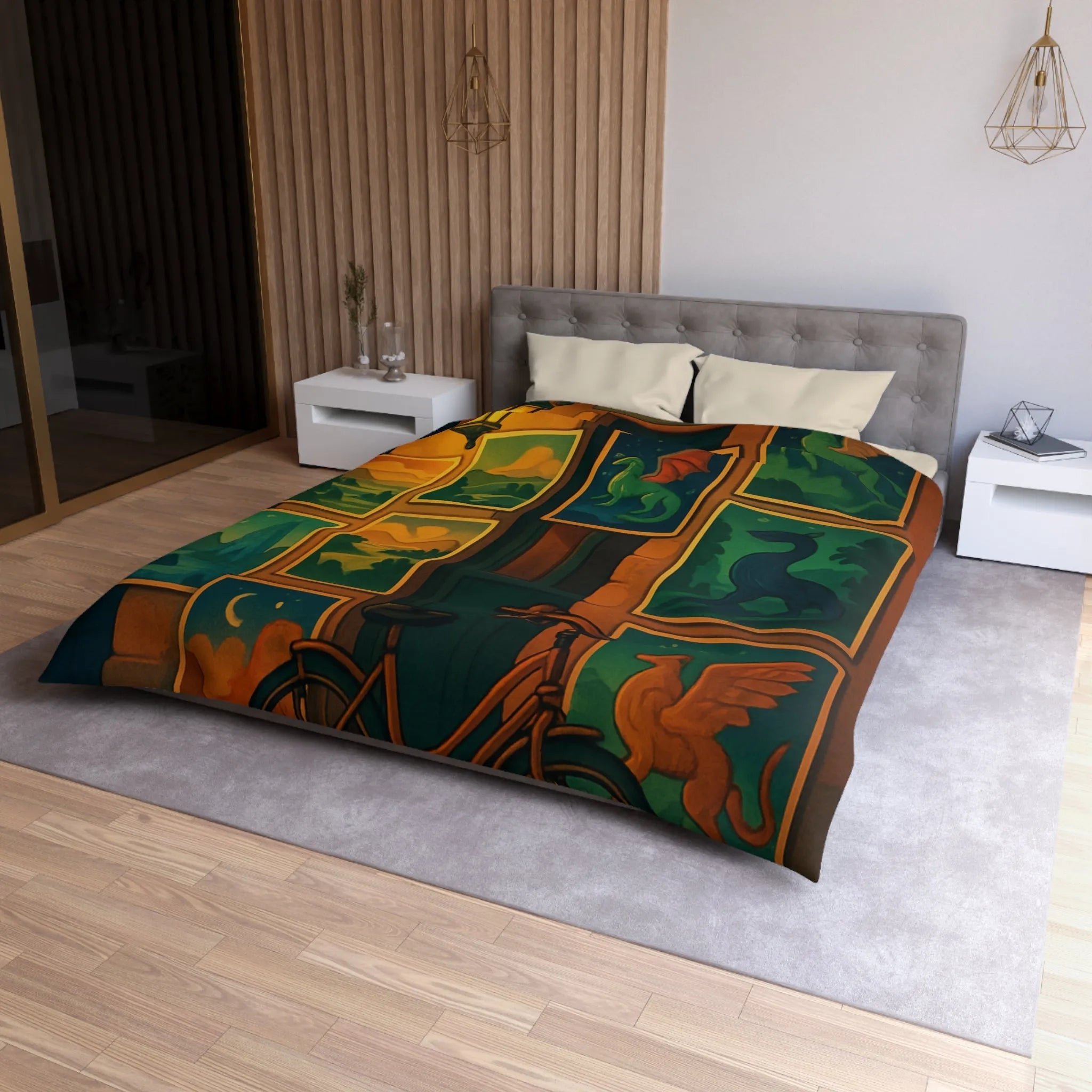 Housse de couette artistique avec dragons mythiques et paysage nocturne, ambiance mystérieuse