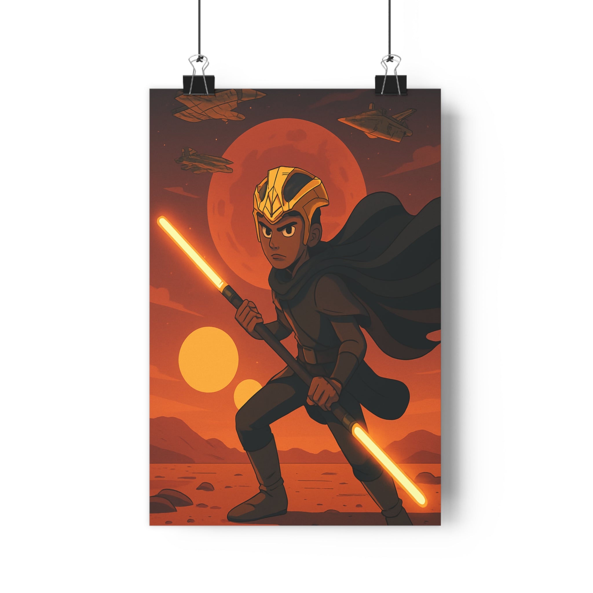 Poster décoratif épique aventure sciencefiction sabre lumineux orange noir rouge dessin animé fan qualité