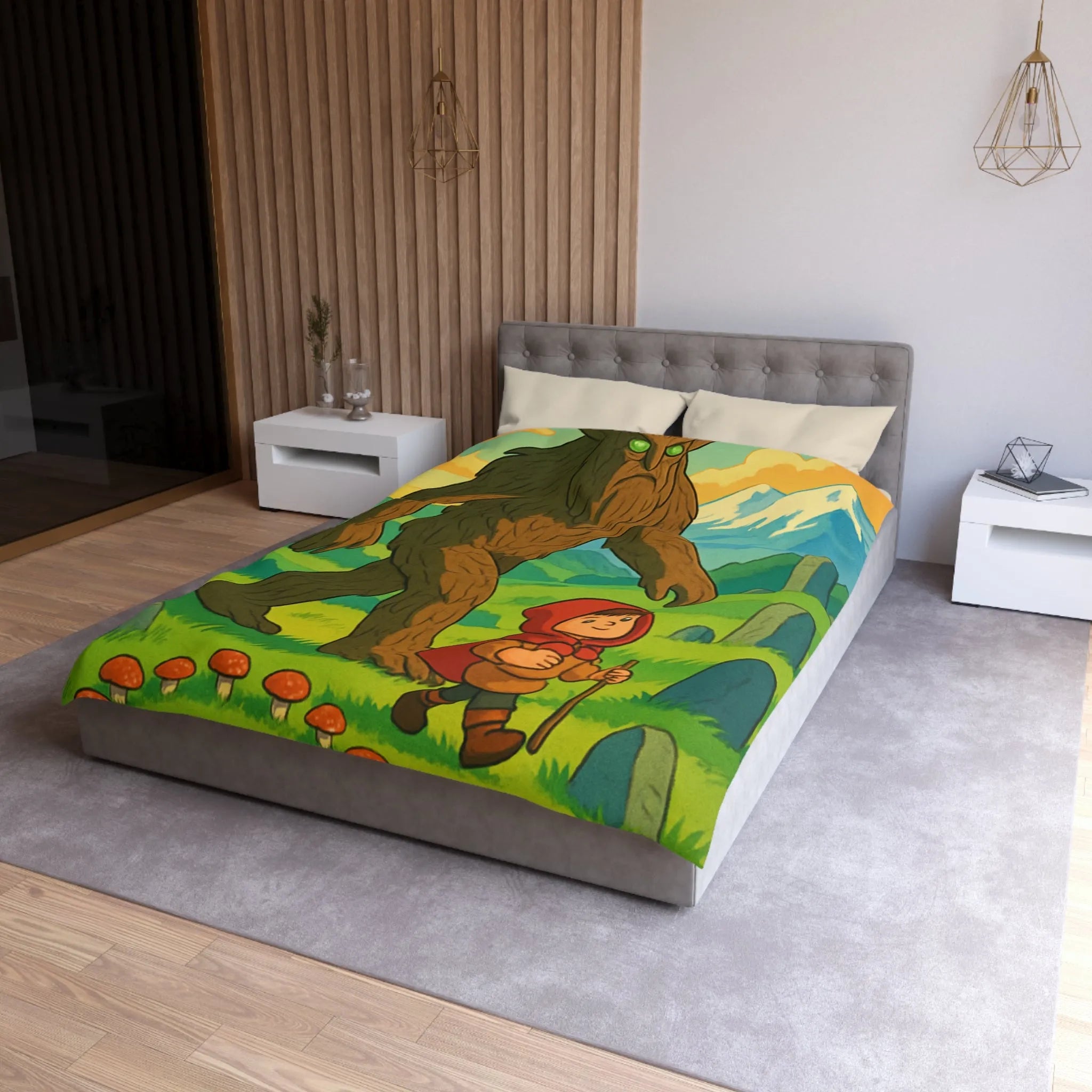 Housse de Couette Magique avec Créature Forestière et Enfant à la Cape Rouge