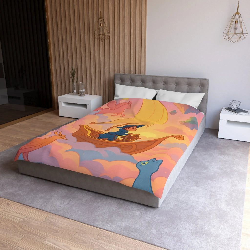 Housse de Couette Enchantée Avec Licorne et Bateau Volant Dans le Ciel Éthéré