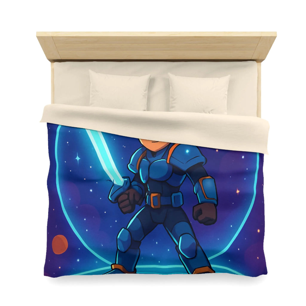 Ensemble galactique animé avec jeune héros et épée lumineuse sur fond cosmique vibrant