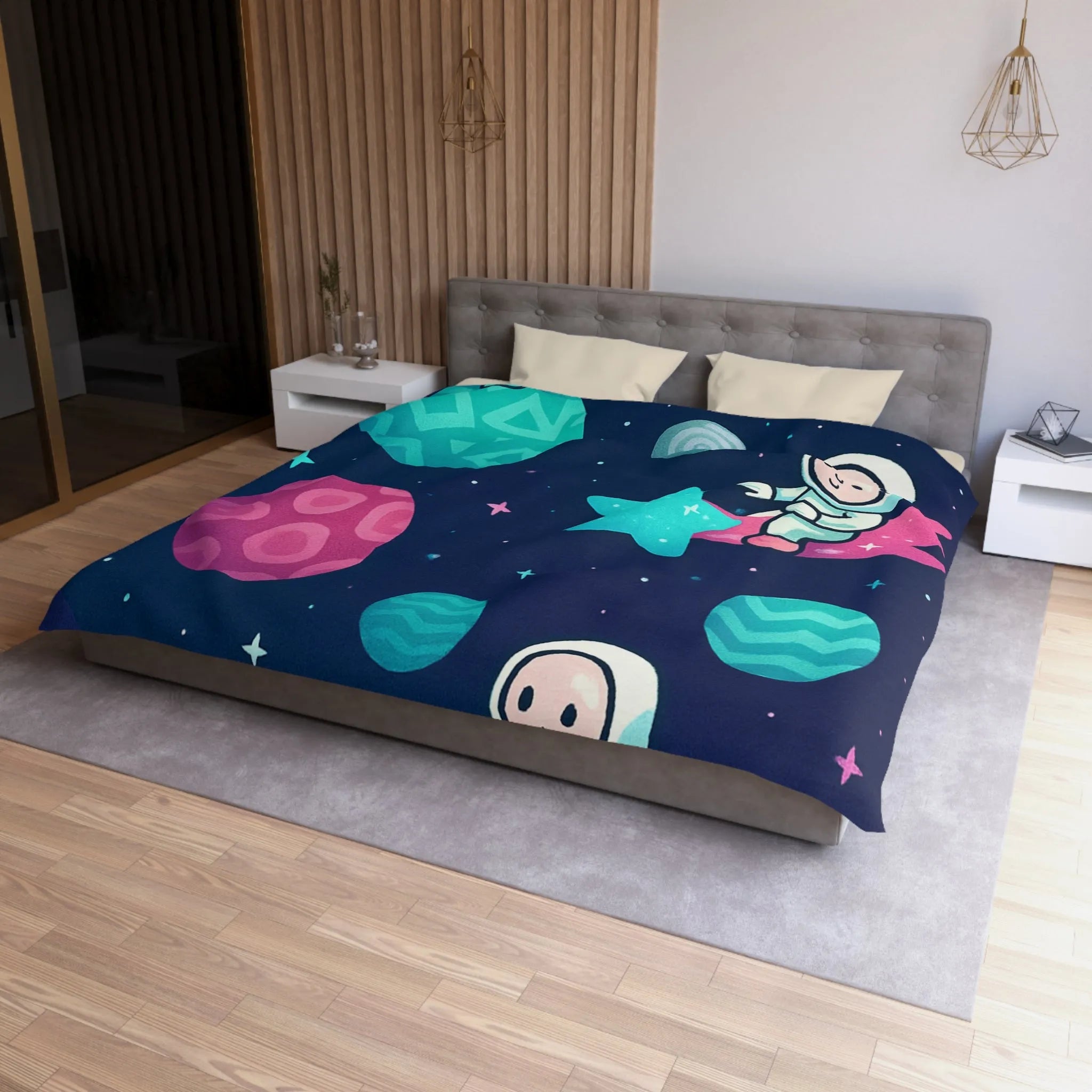 Explorez l'univers magique avec des astronautes joyeux sur fond stellaire pour enfants