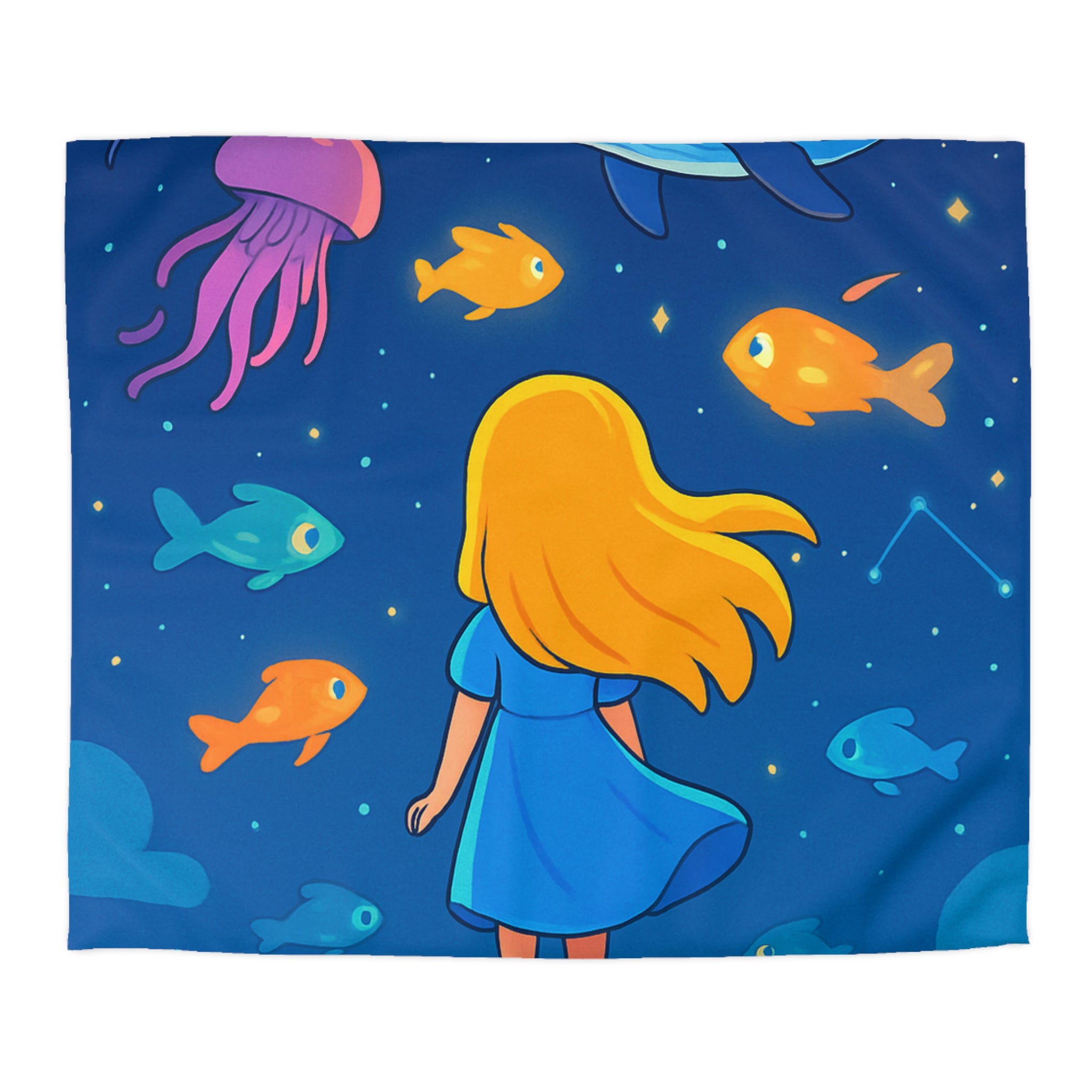 Housse de couette océane enfantine avec animaux marins, étoile ciel bleu magique