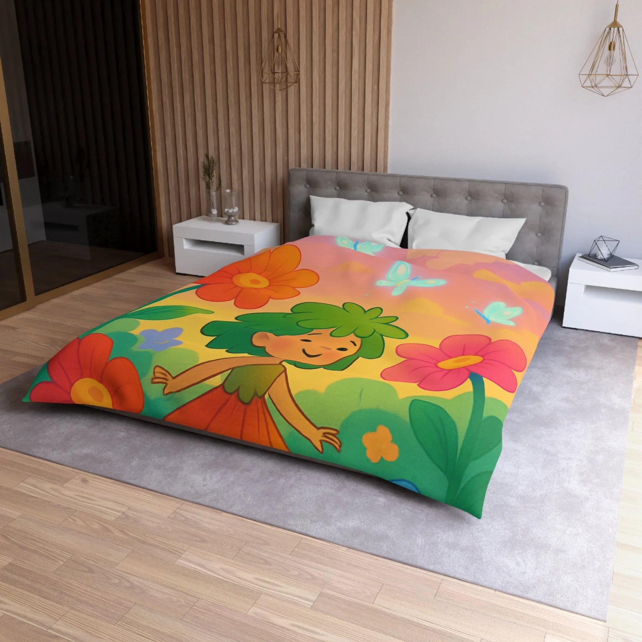 Enchantement floral coloré avec nuages et papillons parfait pour chambre d'enfant rêveuse