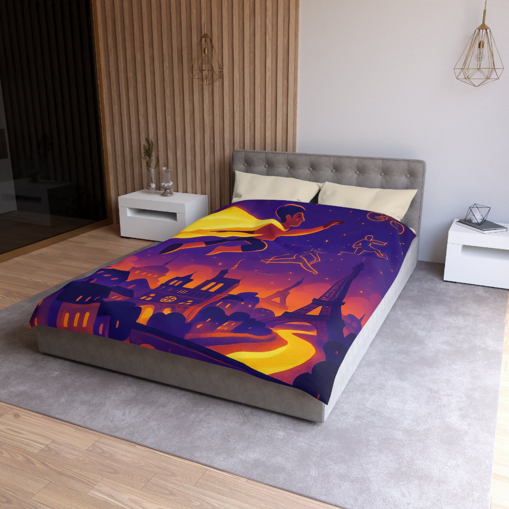 Housse de couette rêve parisien avec super-héros et constellations sportives lumineuses