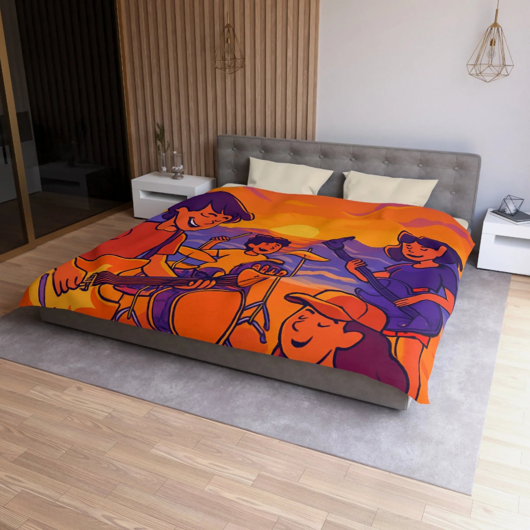 Housse de couette illustration plage coucher de soleil band rock ambiance musicale artistique