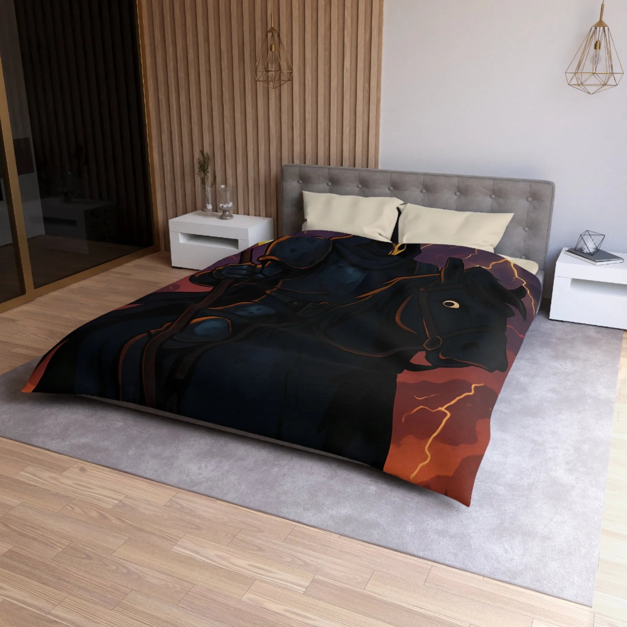 Housse de couette à motif intrigant avec faucheuse menaçante et cheval sombre en action