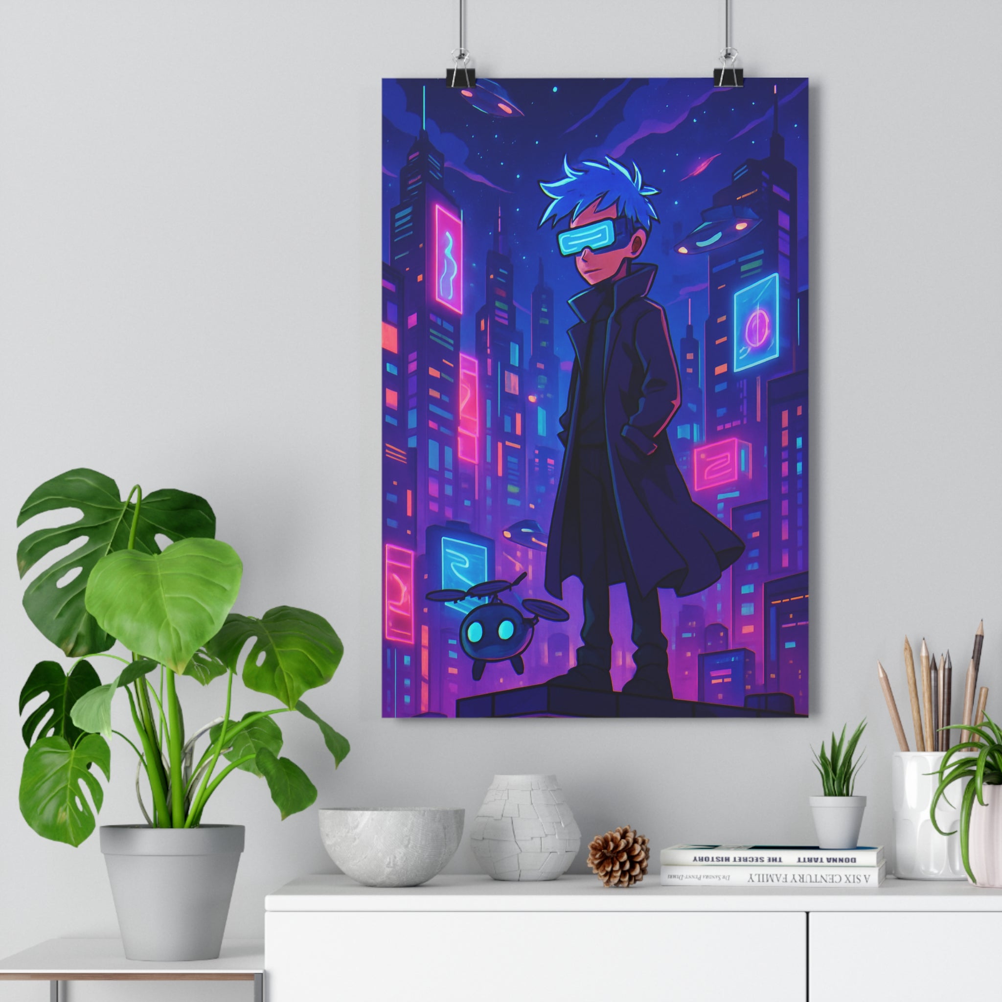 Poster décoratif futuriste néon bleu rose violet urbain moderne chambre salon ambiance dynamique qualité