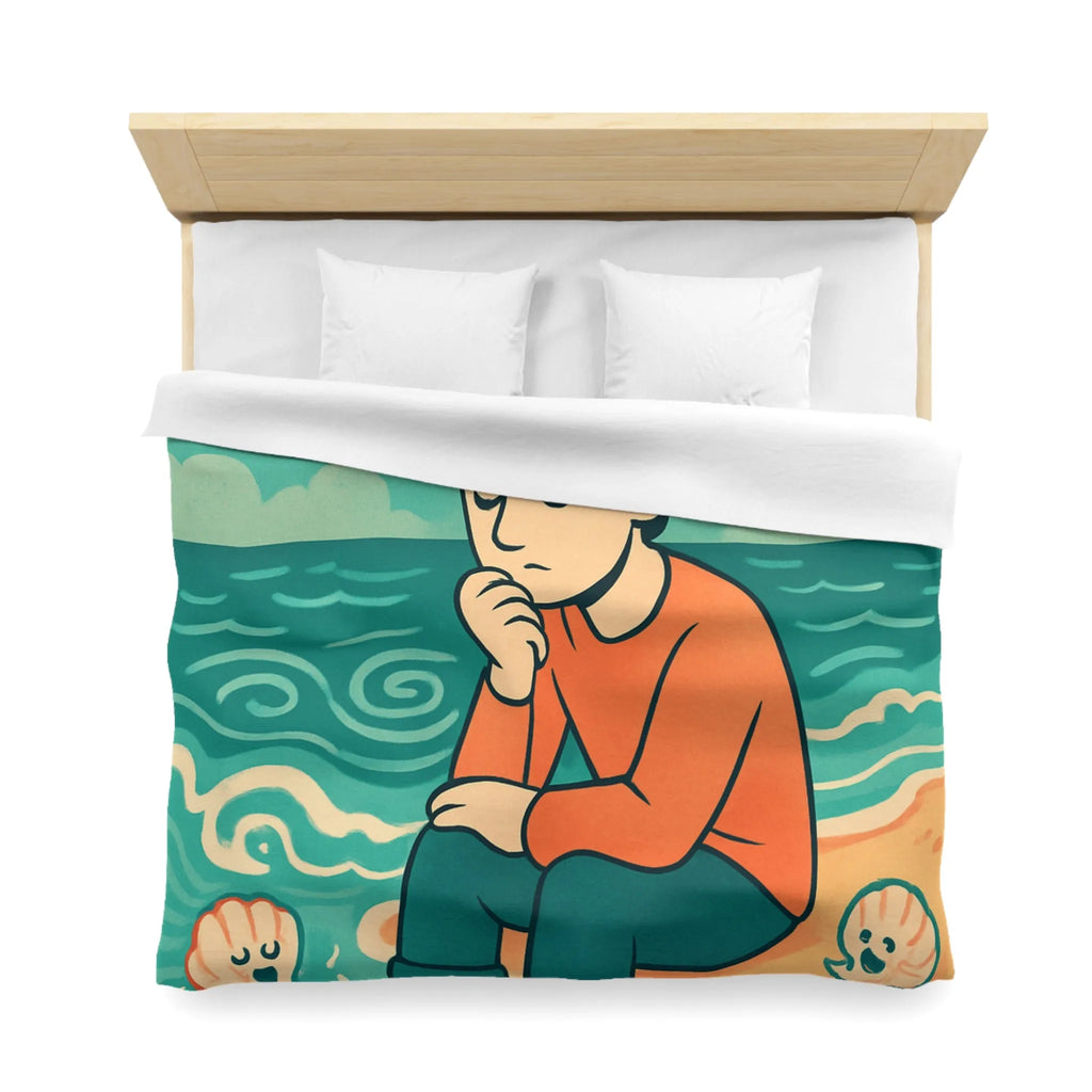 Housse de couette avec illustration rêveuse garçon pensif et coquillages joyeux sur plage