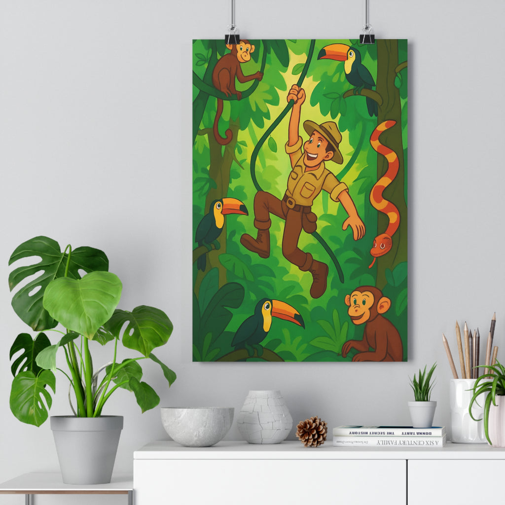 Poster décoratif cartoon jungle mystique exotique vibrant coloré aventure explorateur enfants chambre salon tropicales