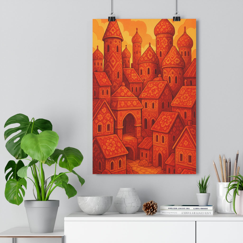 Poster décoratif artistique surréaliste orange rouge chaleureux salon chambre ville créative unique 30x46 cm