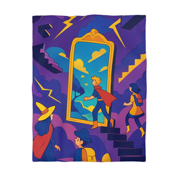 Housse de couette aventure magique avec personnages et miroir vers un monde fantastique