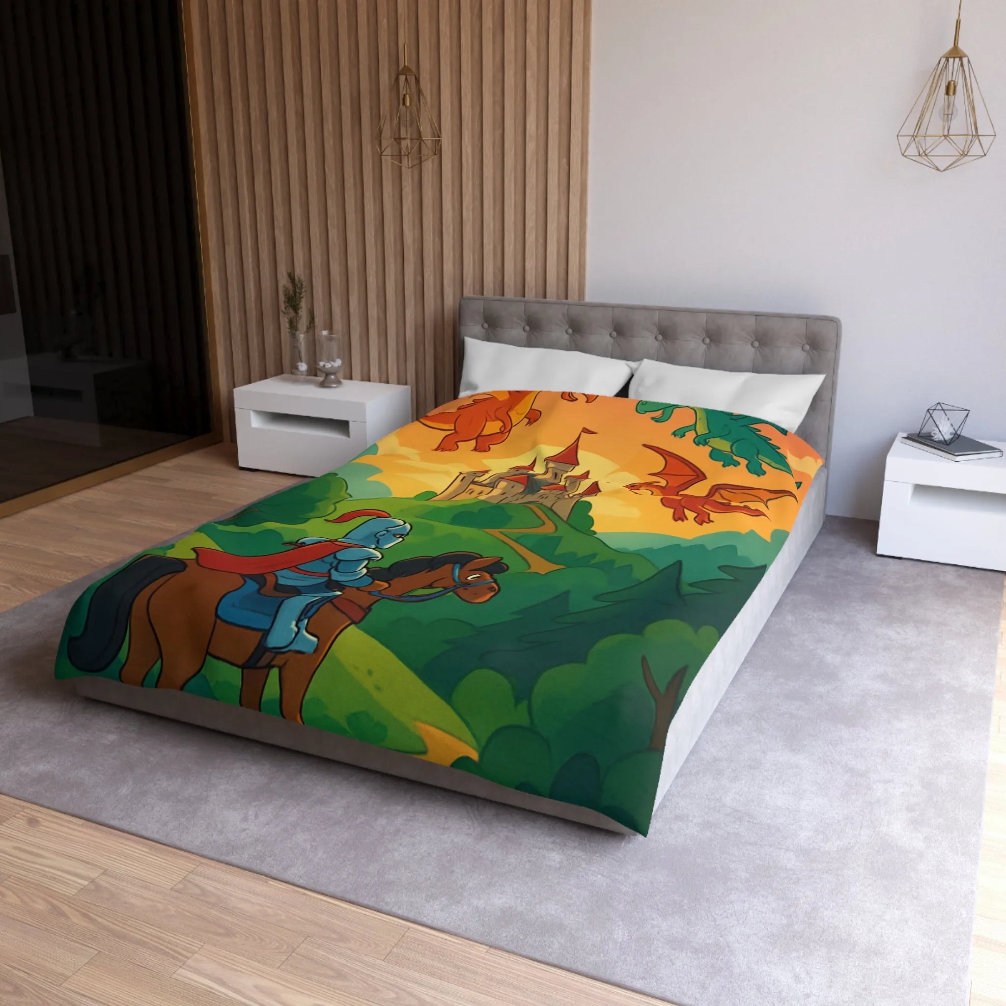 Housse de couette chevalier et dragons colorés pour chambre enfant thème aventure magique