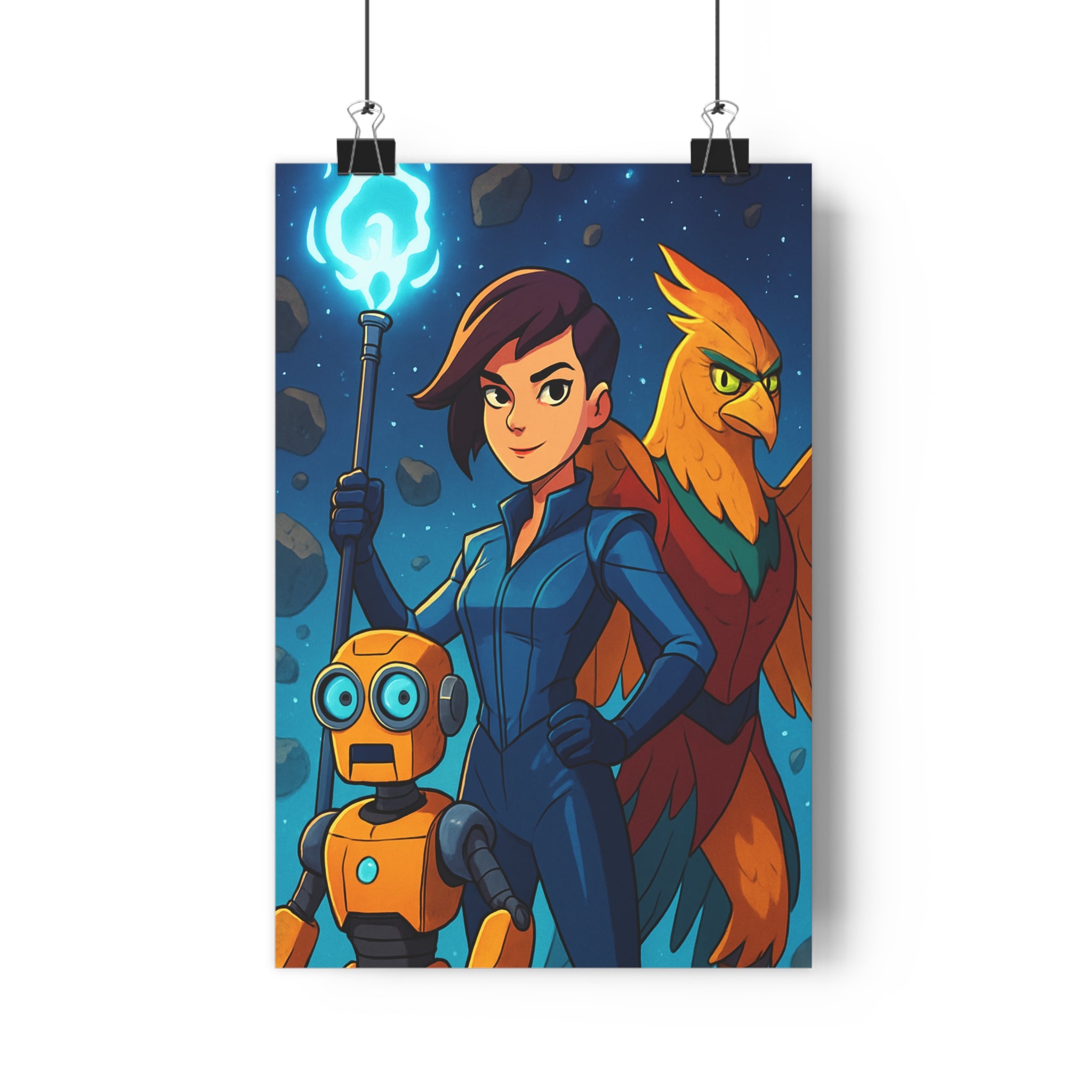 Poster décoratif rétrofuturiste bleu jaune rouge aventure cosmos bureau chambre animation dynamique spaciale qualité