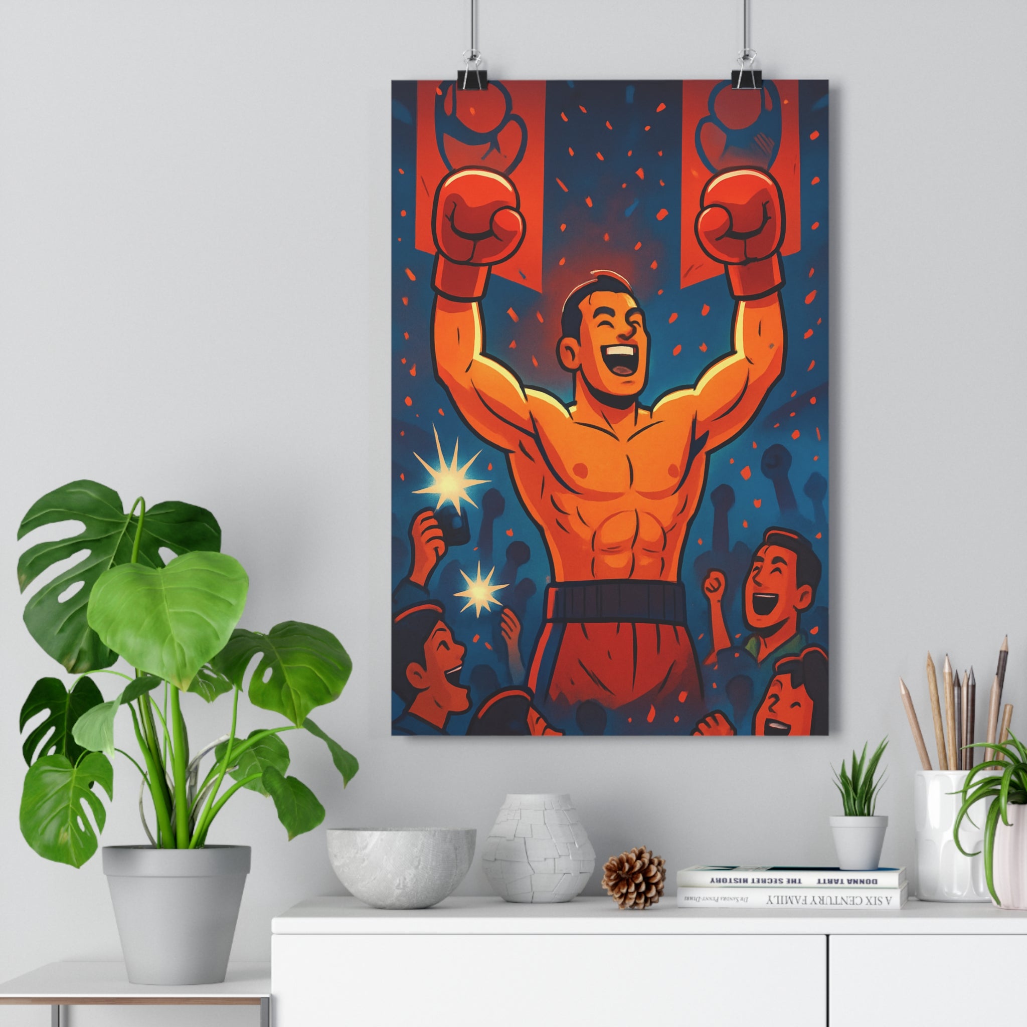 Poster décoratif boxeur cartoon rouge bleu popart dynamique salle sport 30x46 vif énergétique ambiance