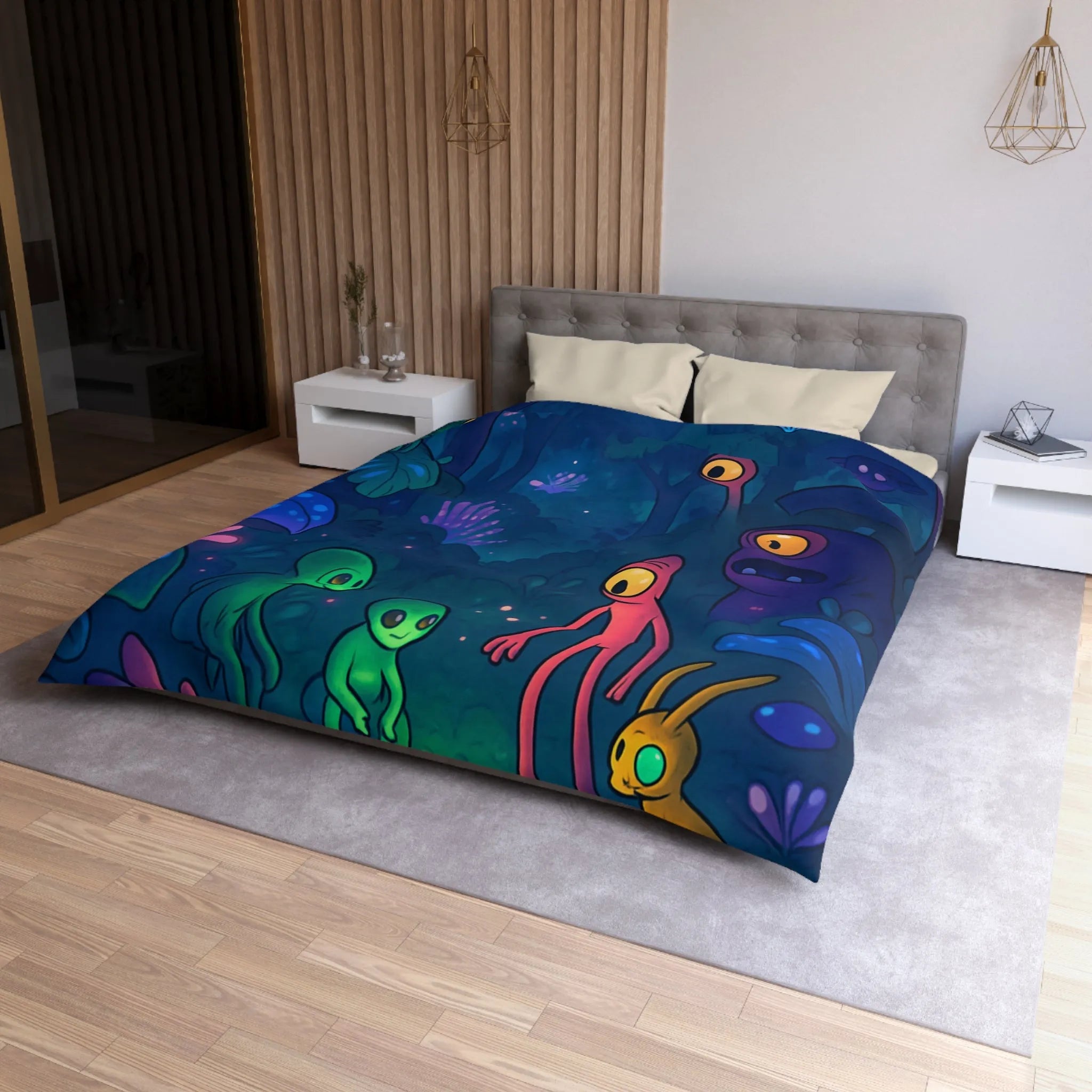 Housse de couette forêt magique avec créatures fantastiques et éclairage féérique luminescent