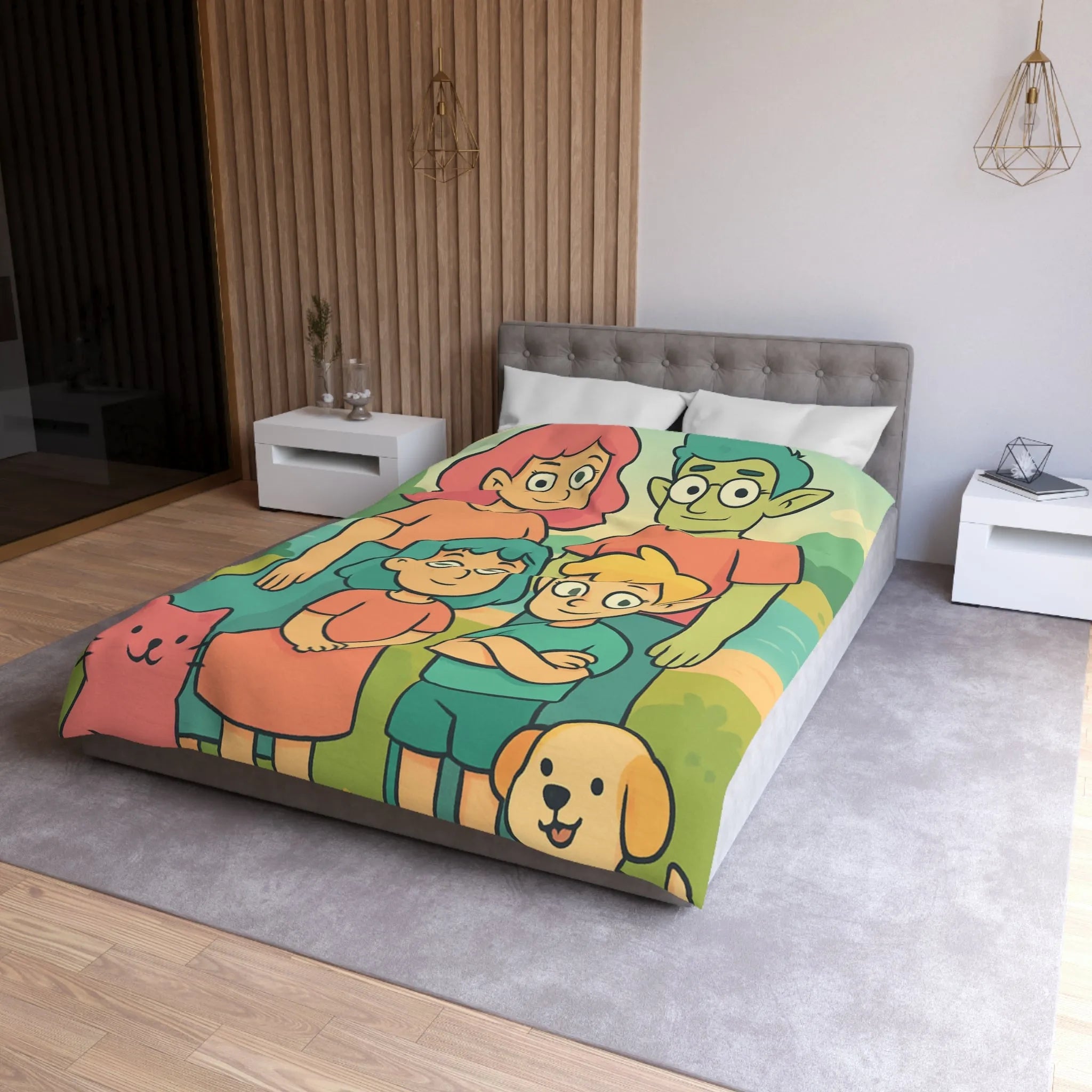 Housse de couette chaleureuse illustrant une famille enchantée et ses animaux compagnons ludiques