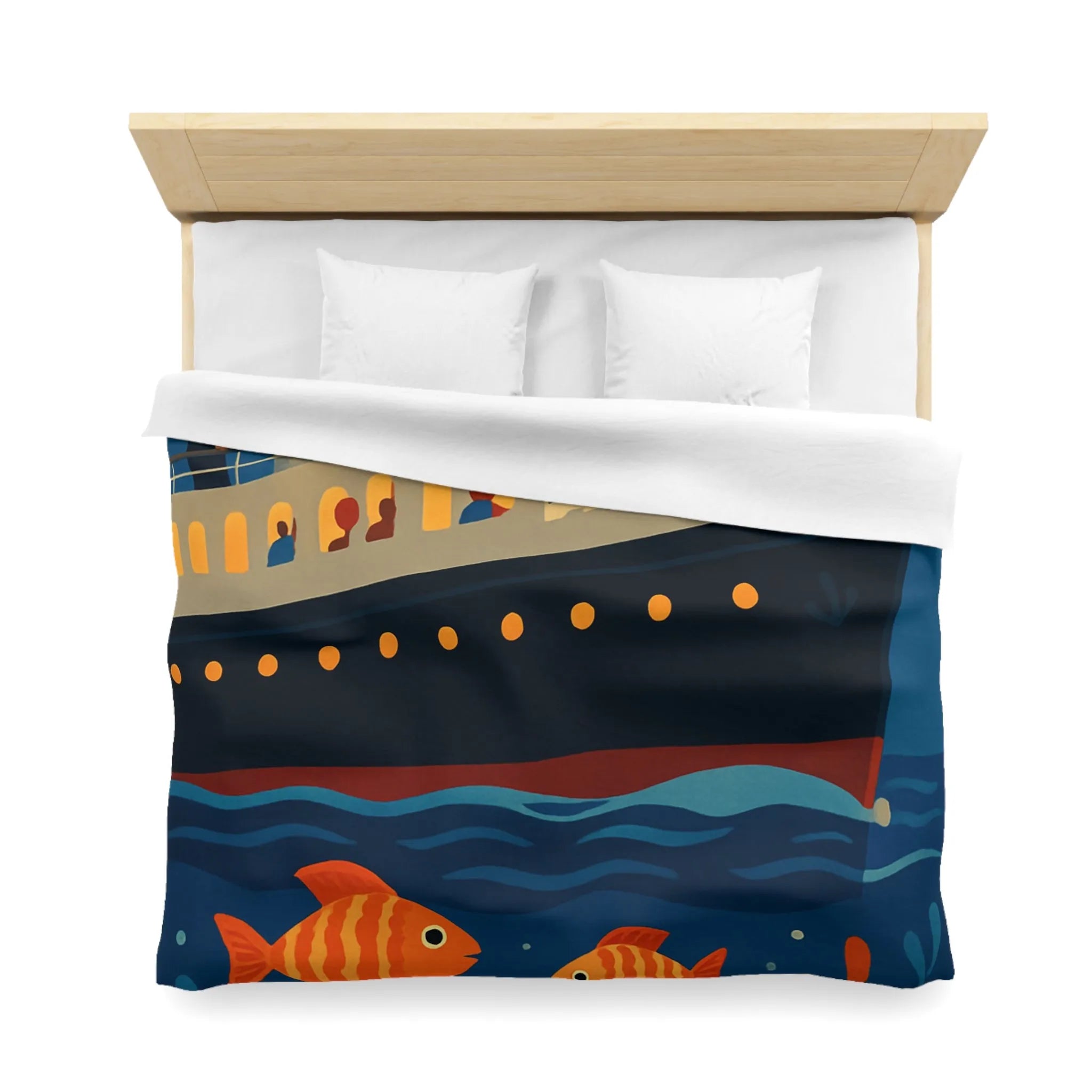 Housse de couette bateau rétro, poissons colorés, ambiance marine, nuit étoilée