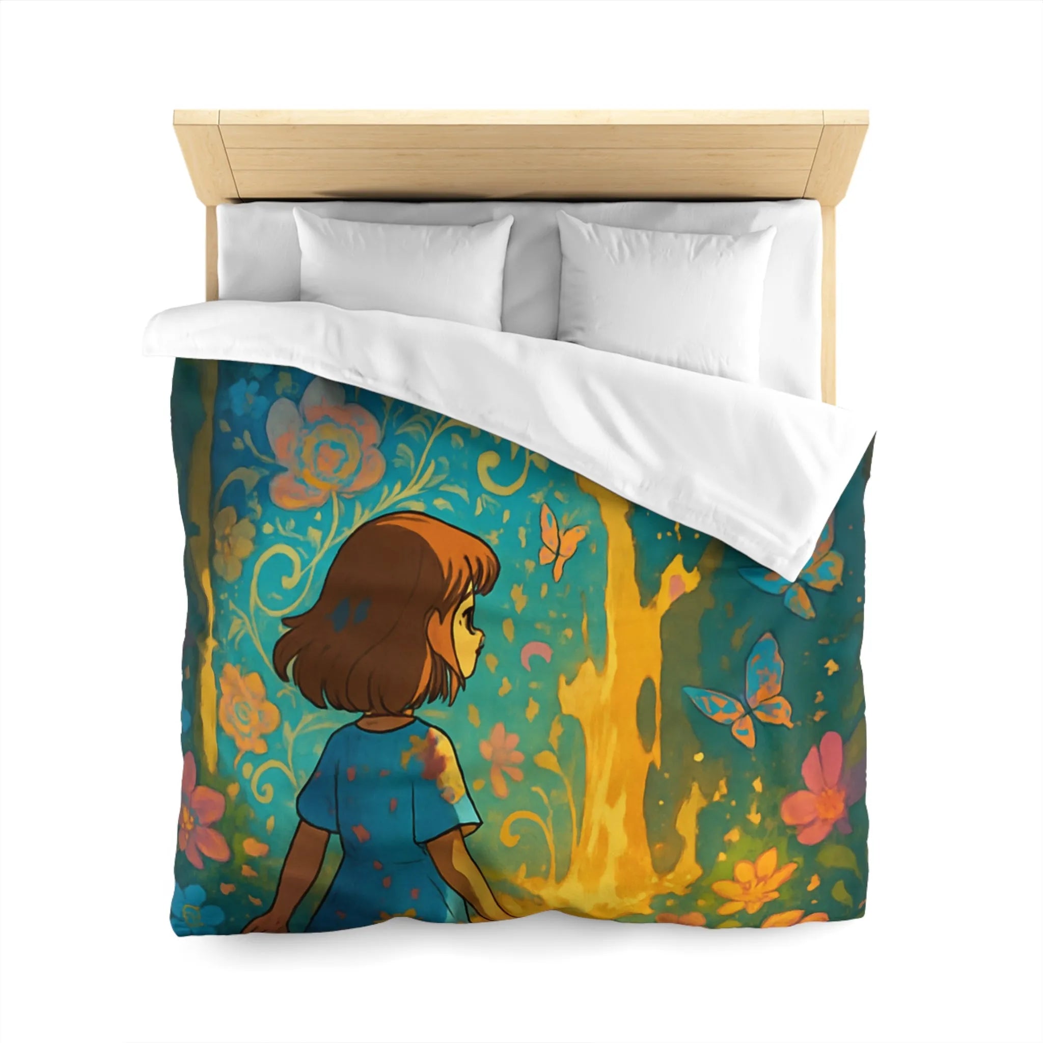 Housse de Couette Enfantine Féerique avec Papillons et Fleurs, Tons Vifs et Lumineux