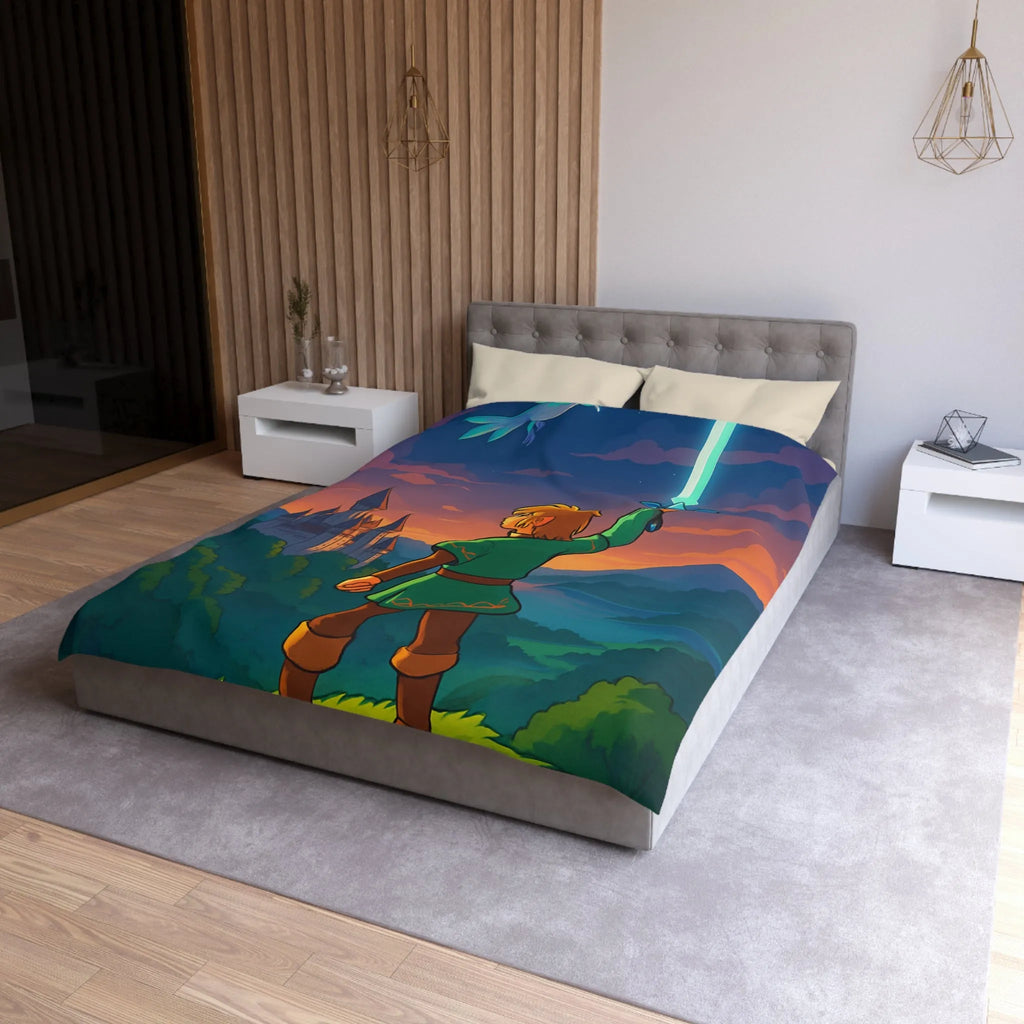 Housse de Couette Fantasy avec Épée, Château et Oiseau au Coucher de Soleil