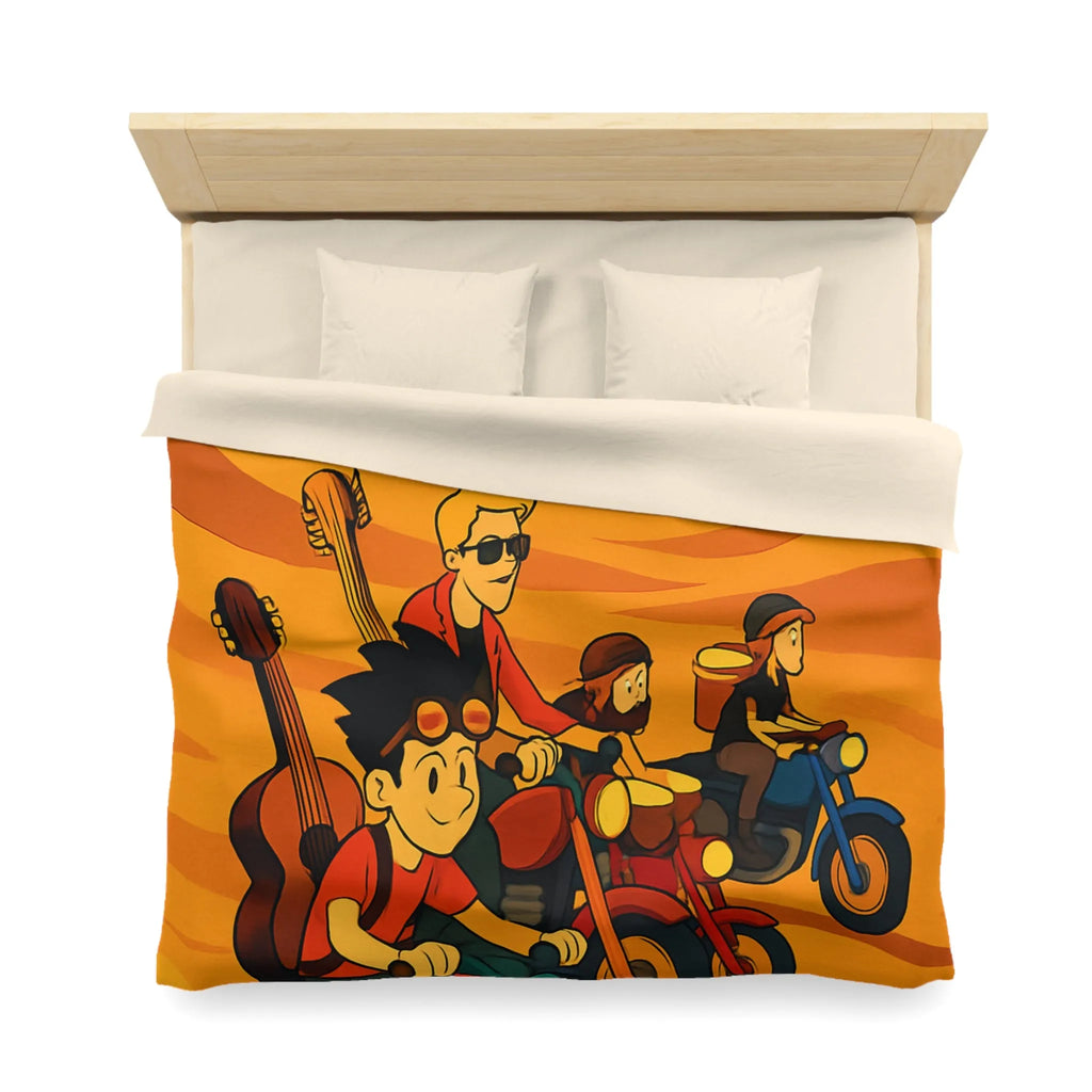 Housse de couette avec aventuriers à moto dans désert vibrant pour chambre unique