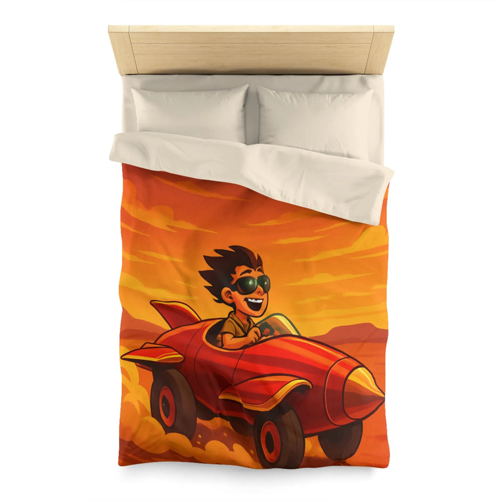Housse de Couette Enfant Dynamique Rouge avec Avion de Course Ciel Orange