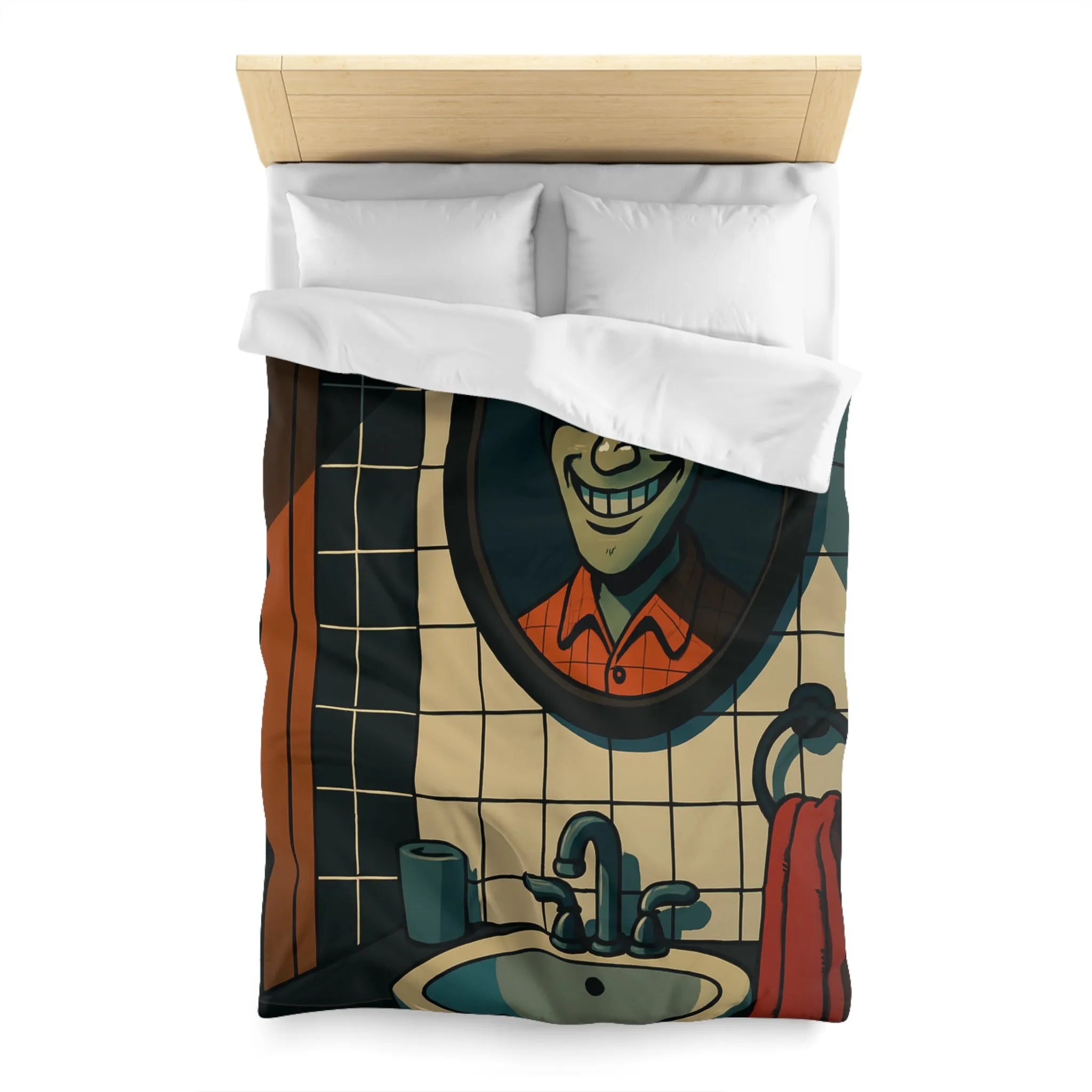 Housse de couette graphique avec dessin animé miroir effrayant et carreaux de salle de bain