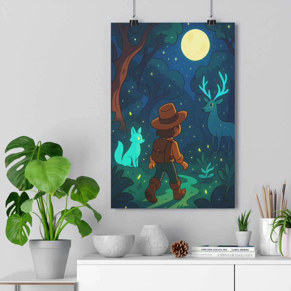 Poster décoratif forêt enchantée magique explorateur renard lumineux chambre enfant art dessin mystique aventure